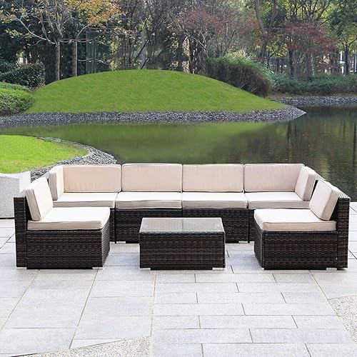 Haverchair 7 Pieces Patio Rattan Wicker Outdoor Furniture Sectional All-Weather Sofa 7-Piece Conversation Set with Cushions (7 Pieces)
