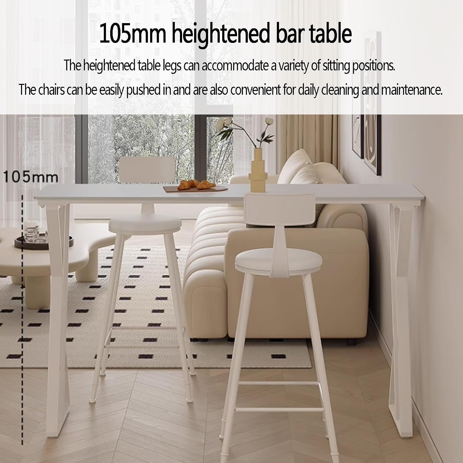 Modern White Rock Standing Bar Table - Counter Height Kitchen Dining Table with Carbon Steel Bracket, Narrow Rectangle Pub Table for Home Bar, Patio, Cocktail Table, No Stool (120