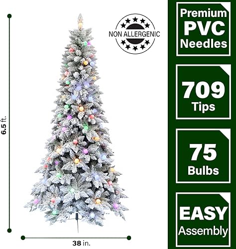 Miniatura 2 de Fraser Hill Farm FFWT065-6SN - Árbol de Navidad flocado de pino de cola blanca preiluminado de 6.5 pies con bombillas G40 coloridas, FFWT065-6SN