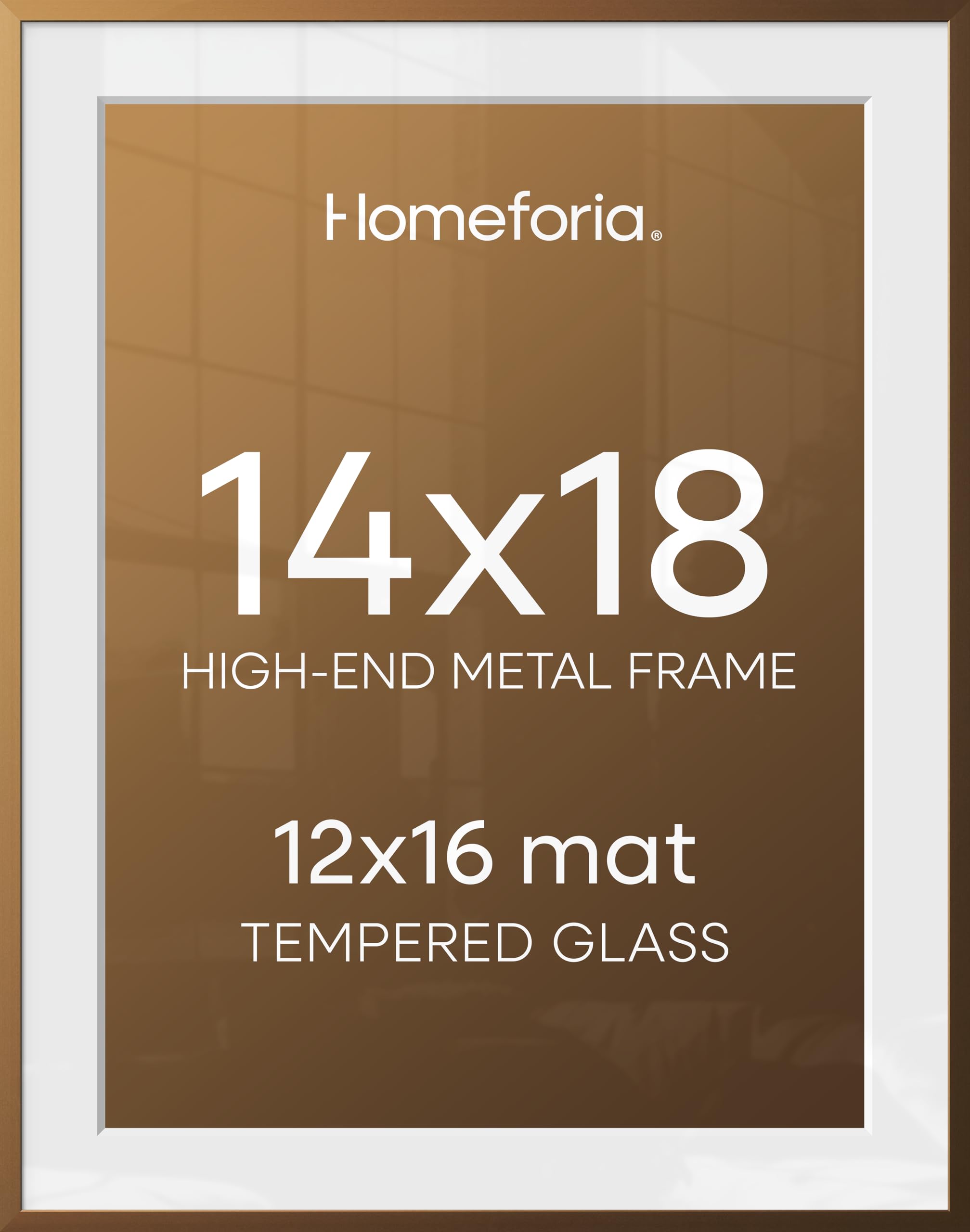 Homeforia 14x18 Bronze Picture Frame, High-End Metal, 12x16 Mat, Glass | High End Aluminum, Tempered Glass, Acid-Free 12x16 Removable Mat, 14x18 in Edge-to-Edge Display 18x14, Wall Kit, Set Of 1