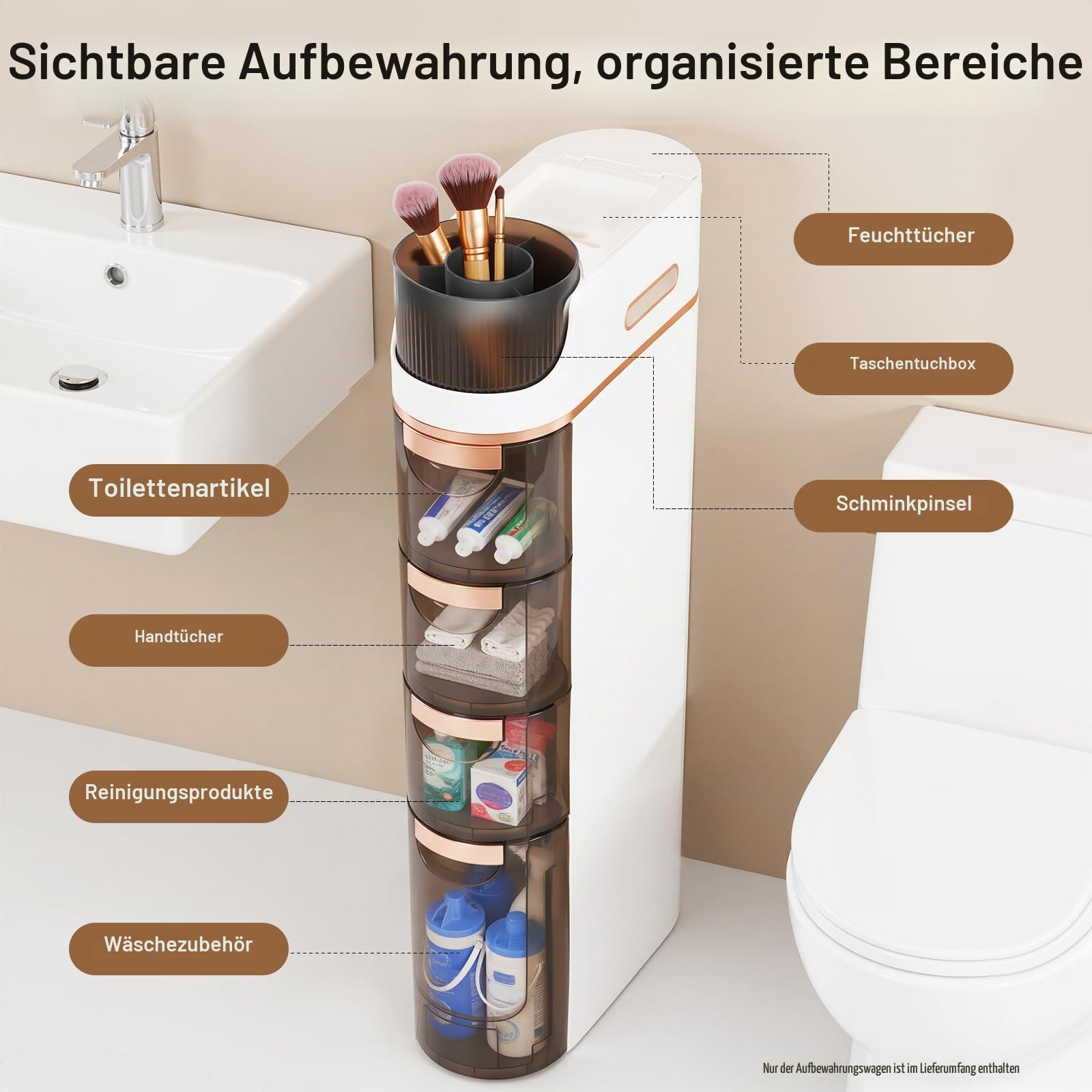 4-stöckiger Slim Bathroom Organizer, schmaler Badezimmer-Organisator mit leisen Rollen und Schubladen für enge Räume, Bad, Küche, Waschküche, weiß