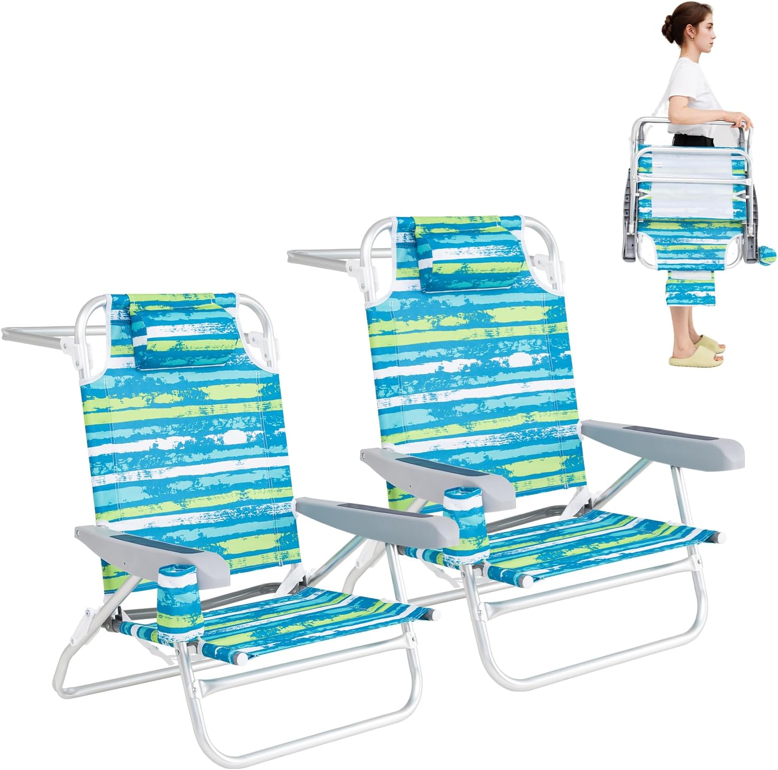 Beach Chairs, 2Pcs Folding Camping Chair with Adjustable Backrest, Shoulder Strap, Cup Holder & Headrest, Portable Aluminum Lounger for Tanning, Sunbath, Lawn, Patio (Green, 2 Chairs)
