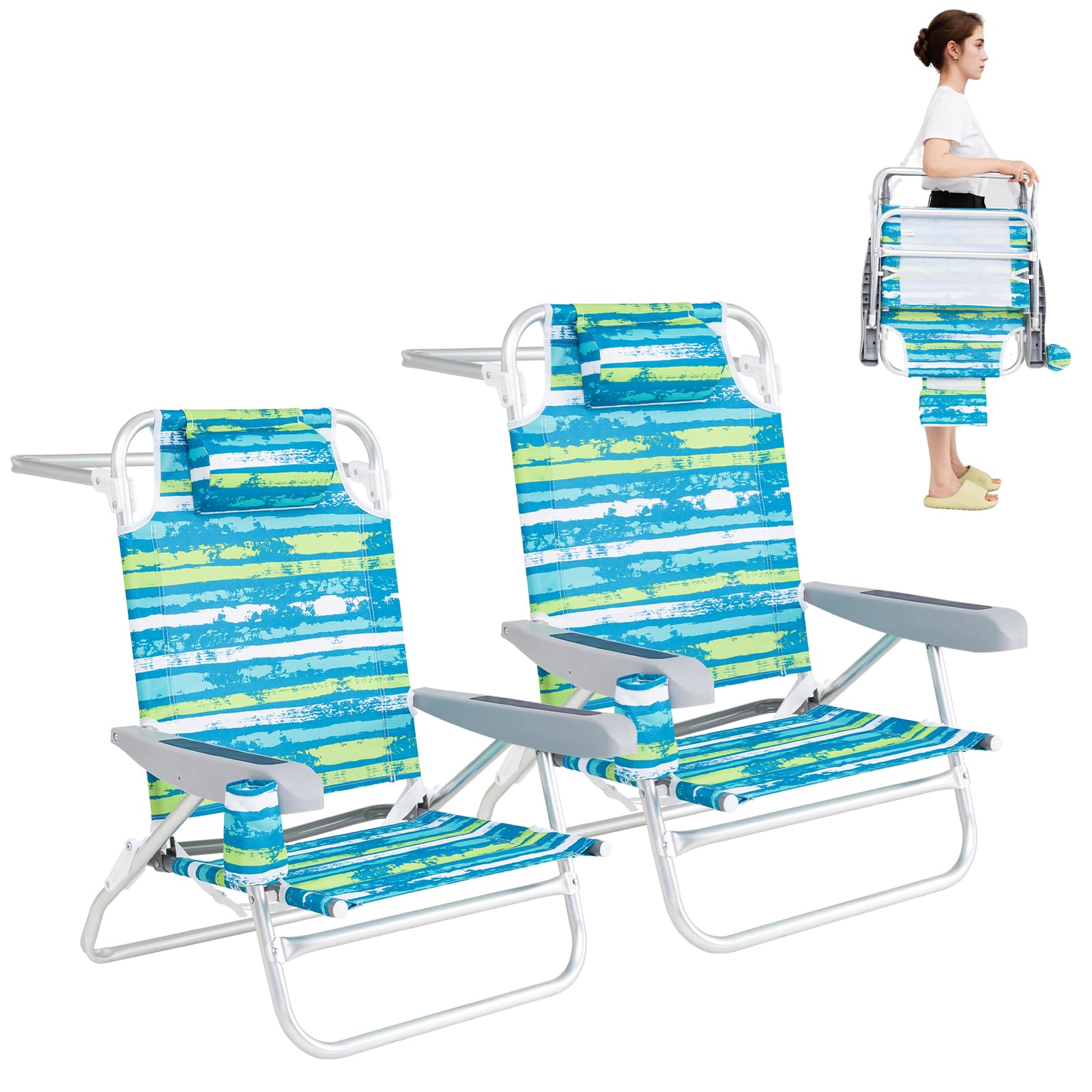 GIANTEX Sedia pieghevole da spiaggia e campeggio, schienale regolabile 4 posizioni, portasciugamani e cuscino, 2 in 1, fino a 150 kg (62 x 54 x 80 cm, strisce verdi)
