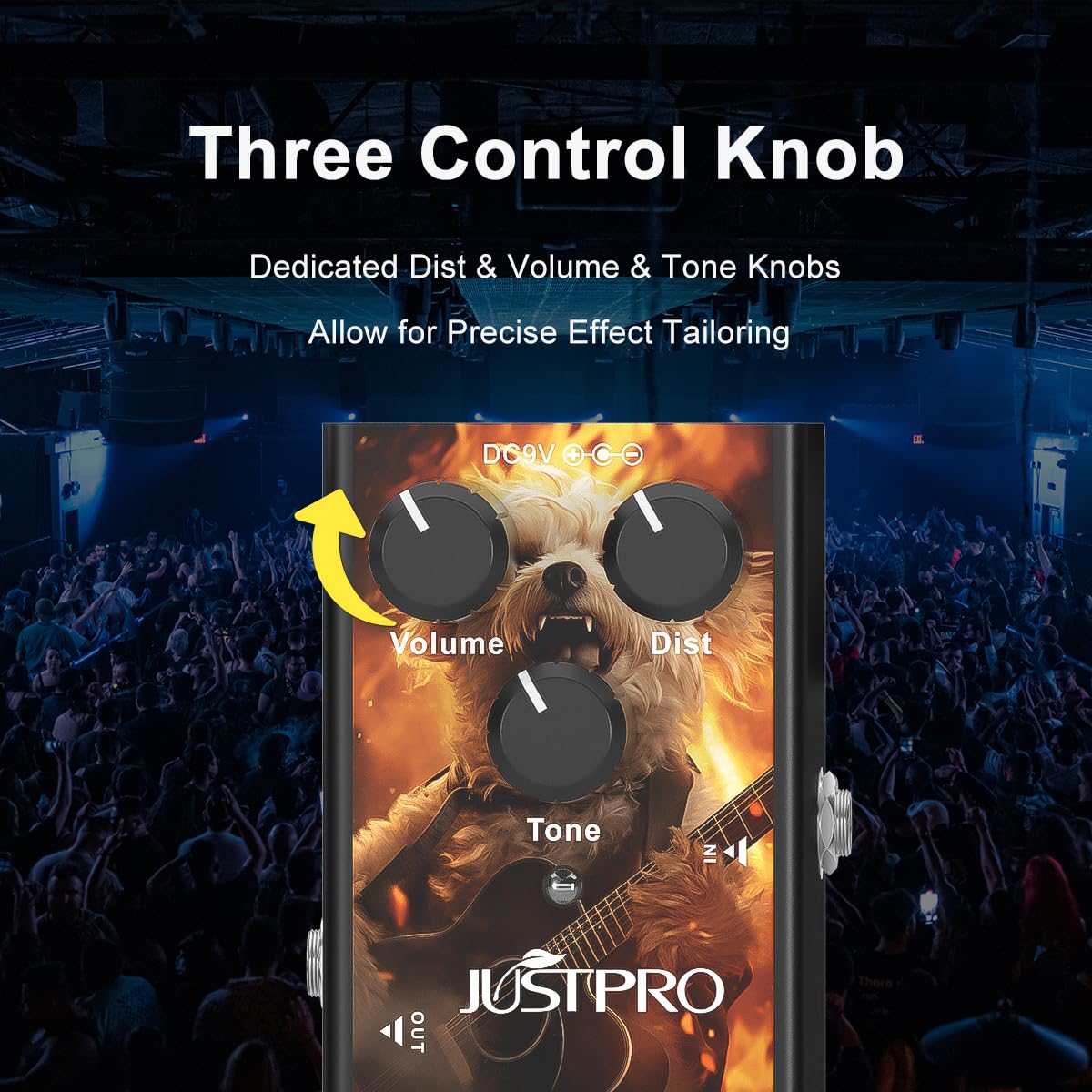 JUSTPRO Distortion Pedal, DC 9V True Bypass Us Dream Mini Guitar Distortion Effect Pedal with 3 Controls for Electric Guitar and Bass