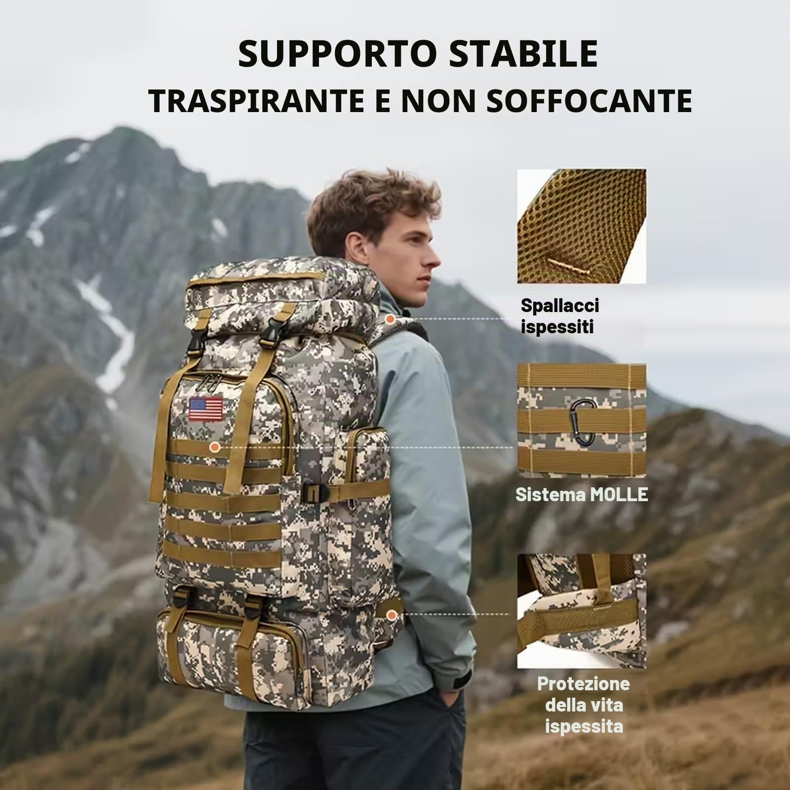 Zaino Tattico Multifunzionale da Campeggio All'aperto da 80 Litri, Kit Professionale di Sopravvivenza e Grande Borsa Salvavita