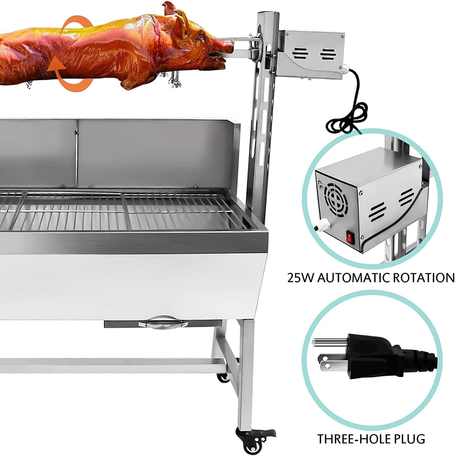 132LBS Stainless Steel Rotisserie Grill with Back Cover Guard, 25W Motor Small Pig Lamb 37 Inch BBQ Charcoal Rotisserie Roaster Grill for Camping Outdoor Kitchen