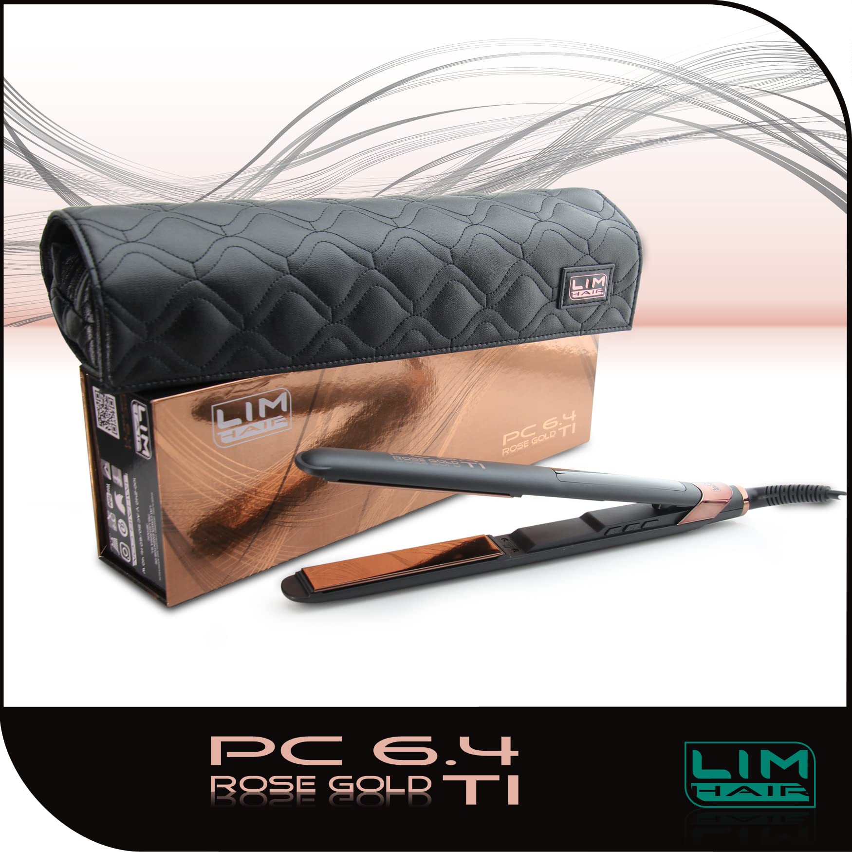 Plancha de cabello LIM HAIR PC 6.4 ROSE GOLD TI. Placas basculantes y oscilantes ROSE GOLD TITANIUM. Temperatura regulable hasta 230 ºC. Neceser térmico y tapete protección mesa trabajo. (PC 6.4)