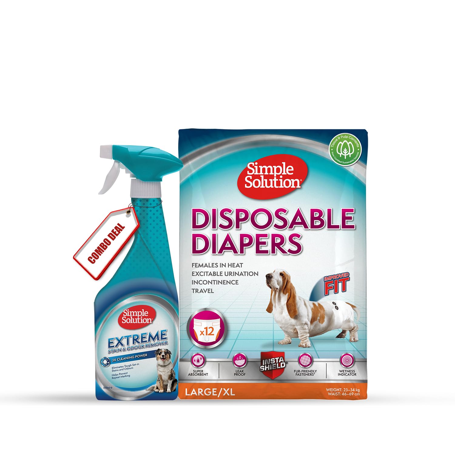 Mega Combo Pack of 2 Simple Solution Disposable Dog Diapers for Female Dogs, Super Absorbent with Wetness Indicator (L-XL) and Pet Hygiene Extreme Stain and Odor Remover, Spray for Dogs (B0CDQ8DK2P) Amazon Price History, Amazon Price Tracker