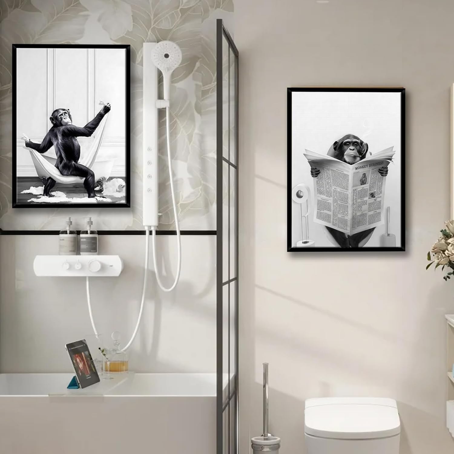 Framed 2 Pcs Bathroom Wall Art Funny Monkey Painting Poster Black and White Canvas Print Fun Animal Picture Bedroom Kids Bathroom Study Country Farmhouse Decor Ready to Hang 16" x 24"