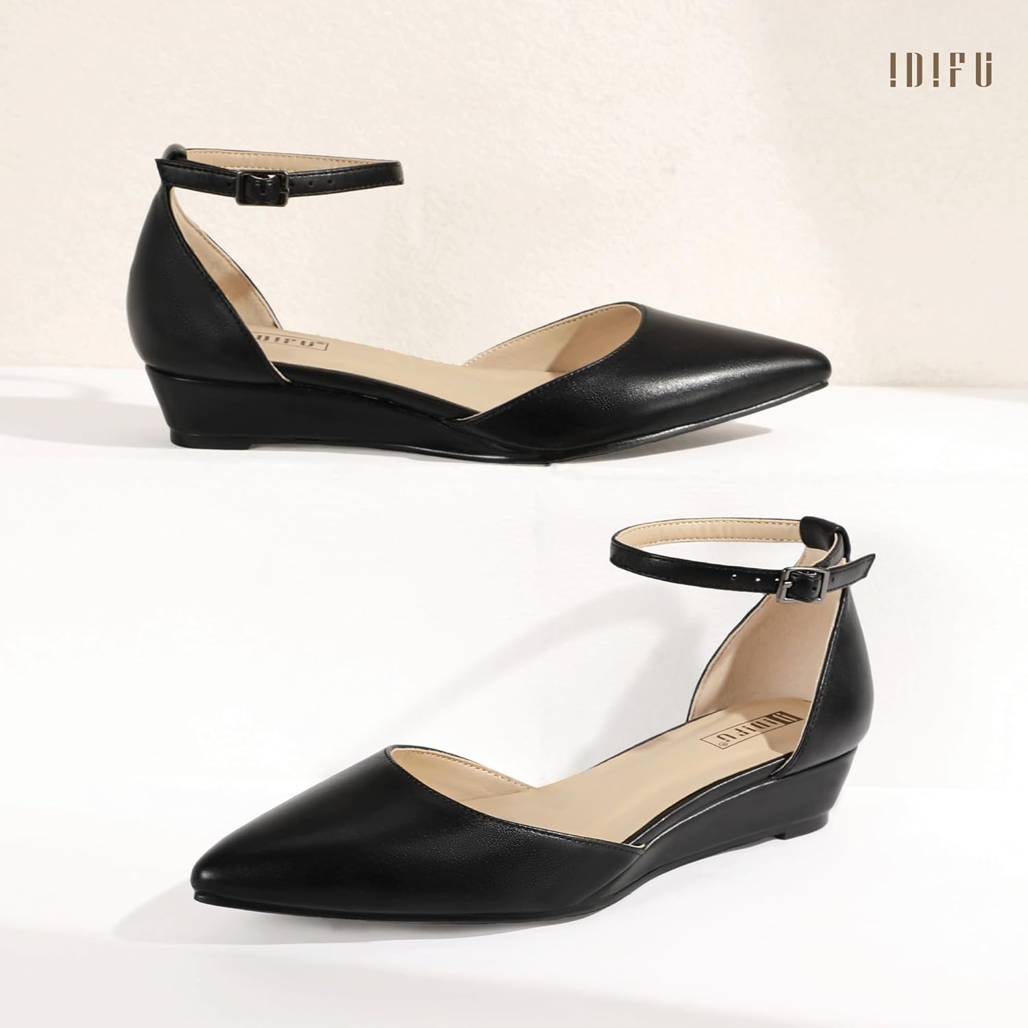 IDIFU Women's Low Wedge Flats Closed Pointed Toe Dress Shoes for Women with Adjustable Ankle Strap Wedding Bridal Work Office Business Prom Comfortable Dressy Casual Formal Cute Flat Shoes - Image 6