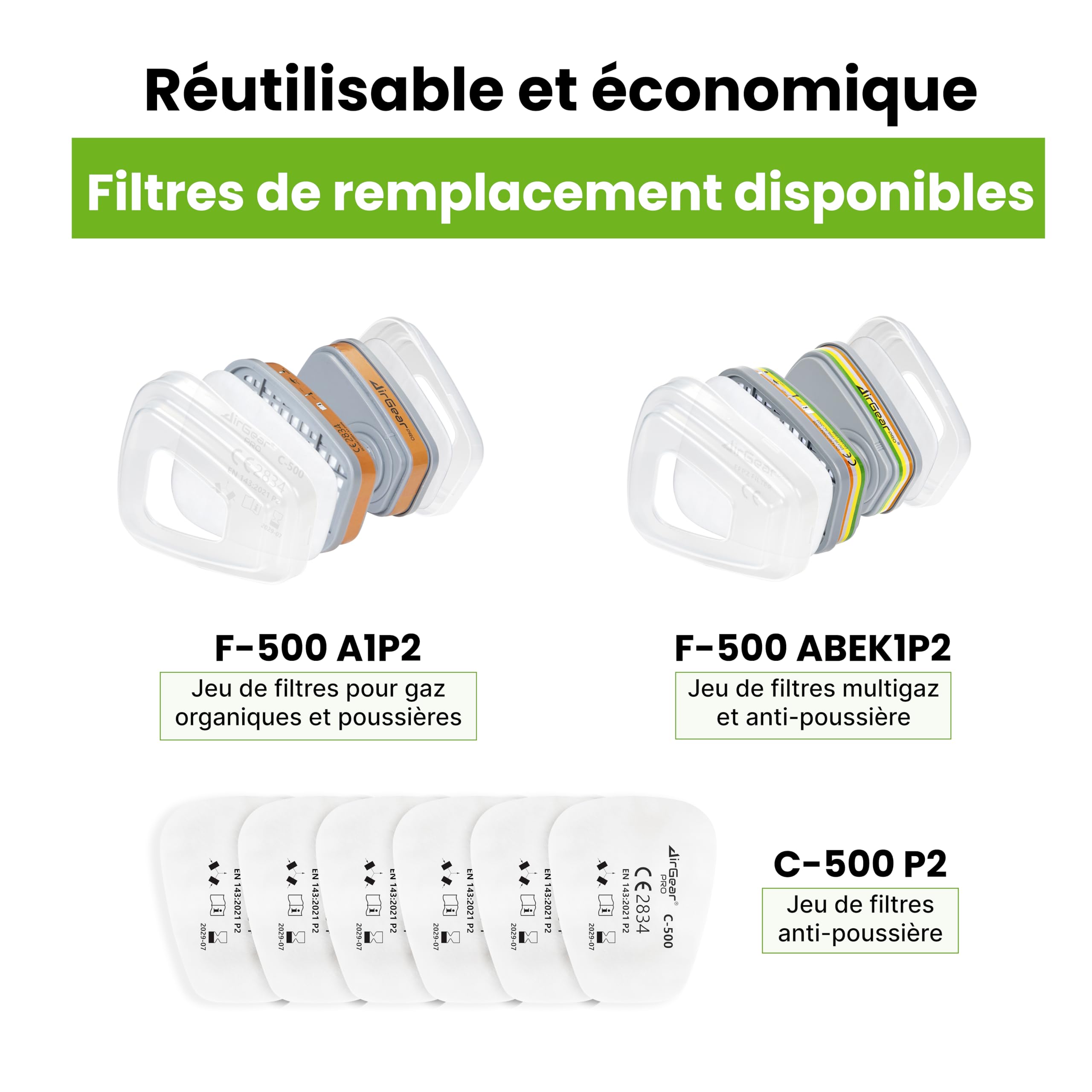 AirGearPro G-500 Masque de Protection Respiratoire Réutilisable Anti poussière Gaz avec Filtres et Lunettes de Protection