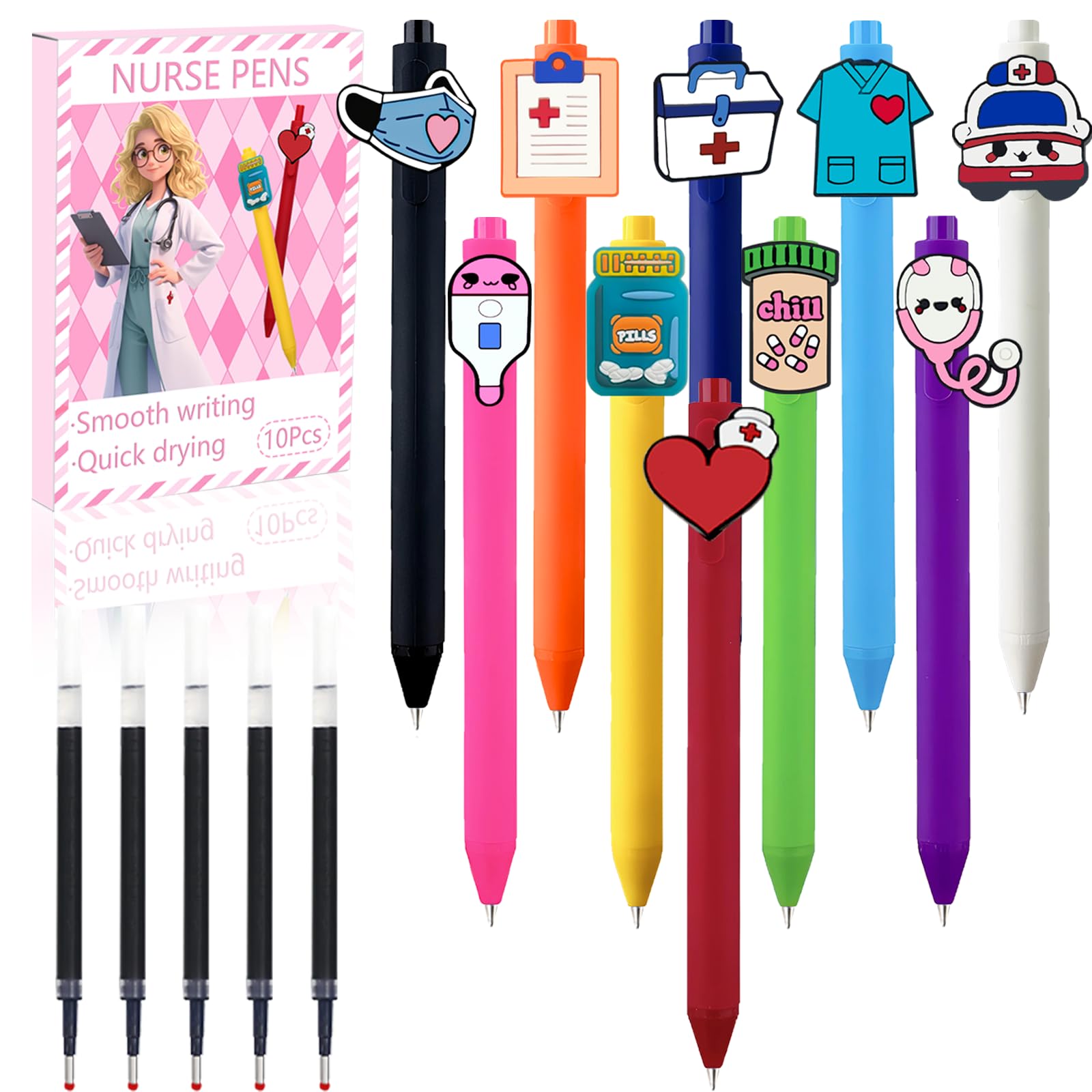 10PC Nurse Pens - Quick-Drying for Nurse, Nursing Students & Medical Healthcare - Funny Nursing Accessories Gel Pen Black Ink, Retractable &