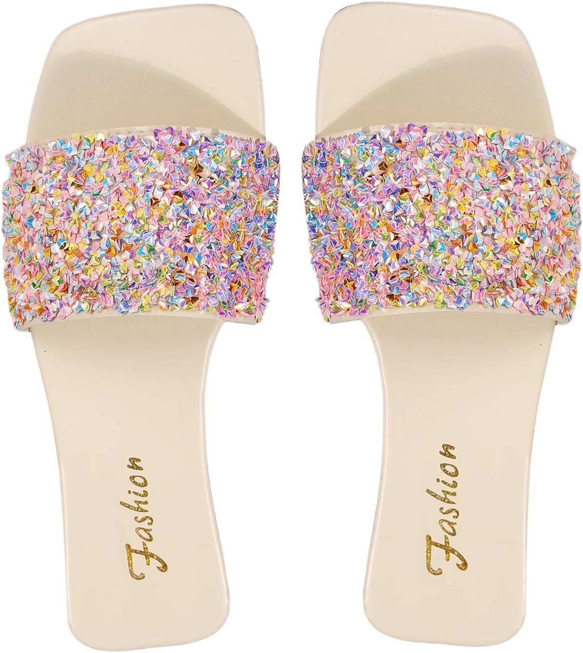 GORGLITTER Women’s Rhinestone Sandals Glitter Strappy Sequin Shoes Square Toe Sparkly Flat Sandals