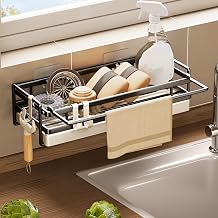 Sink Organiser Kitchen Organiser with Dish Cloth Holder Hanging Black Carbon Steel for Sink Washing-Up Liquid & Kitchen Utensils Sink Shelf & Kitchen Shelf without Drilling Sink Organiser