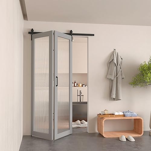 Vista 14 de DonYoung Kit de herrajes para puerta de granero plegable de 40 pulgadas para 2 puertas, rodillo de montaje lateral resistente para un deslizamiento