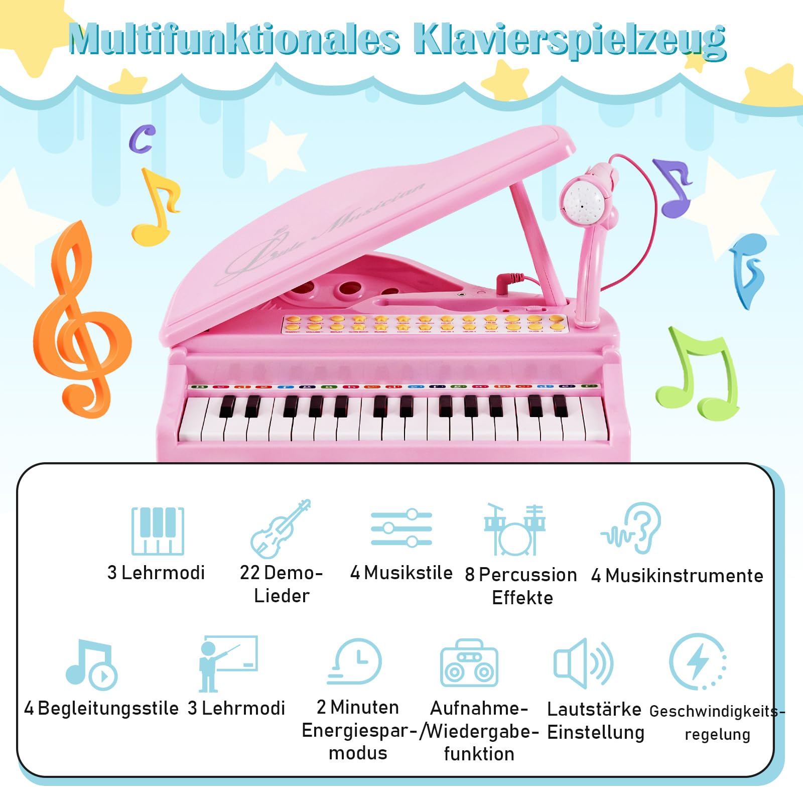 DREAMADE 31 Tasten Keyboard Kinder, E-Piano mit Hocker & Mikrofon & 3 Lehrmodi & 4 Rhythmen & Aufnahme, Elektronisches Klavier für Mädchen & Junge ab 3 Jahre (Rosa)
