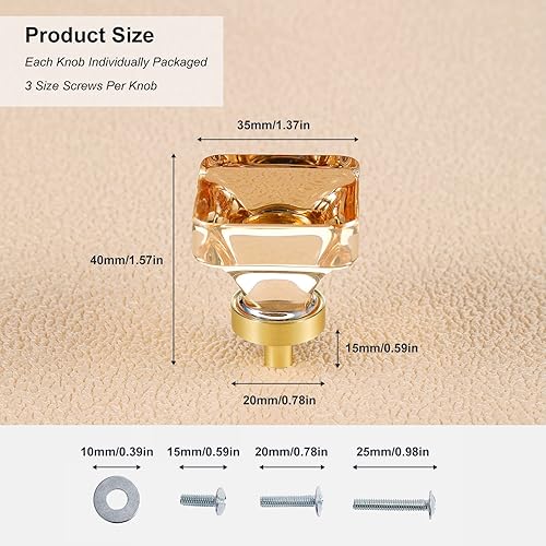 Miniatura 4 de coolnews Paquete de 8 Pomos de Cristal Champán para Cajones Pomos de Vidrio para Gabinetes de Cocina, Pomos Cuadrados de Vidrio de 1-38 Pulgadas
