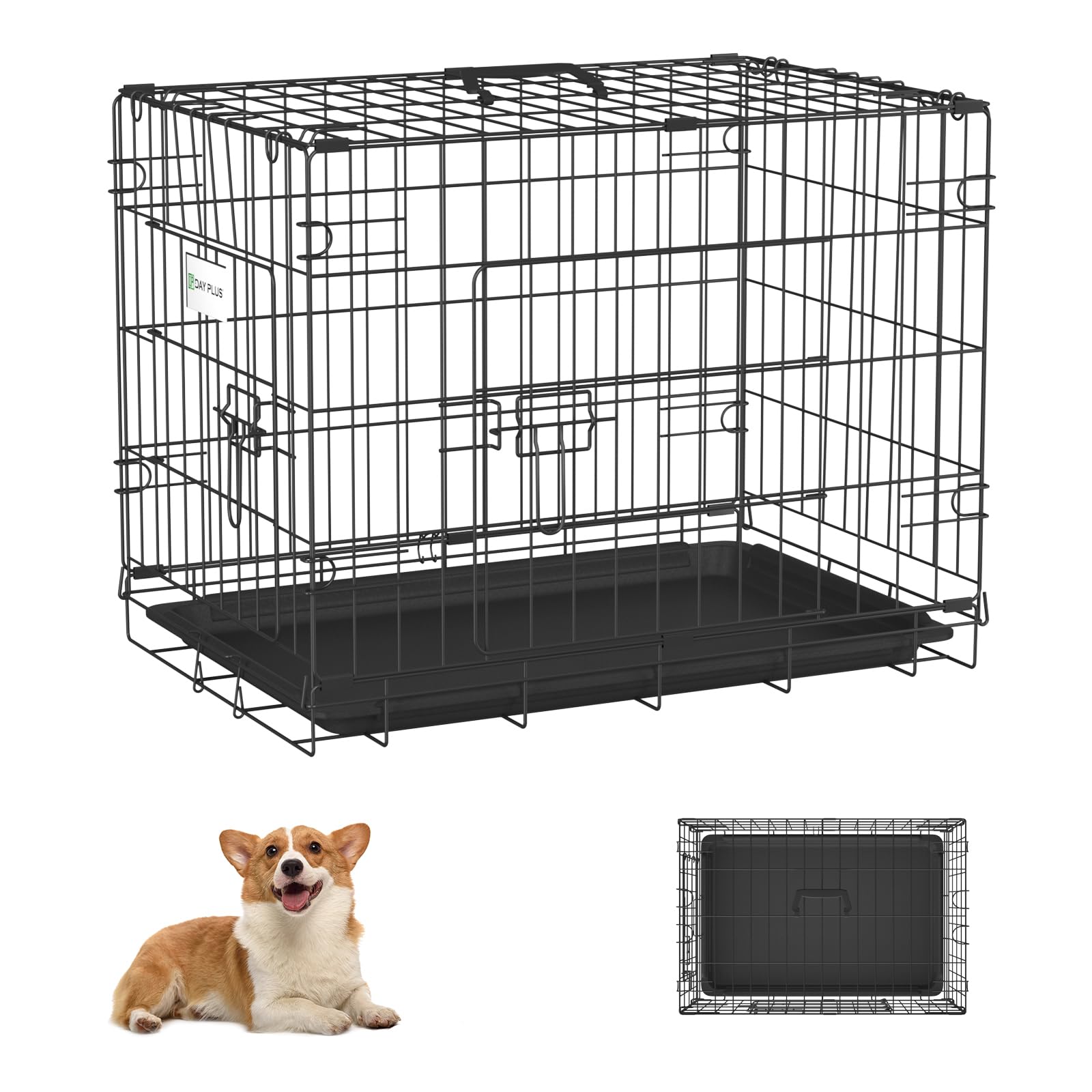 Dog Cage, 61 x 41 x 49.5cm, Foldable with 2 Doors | Black Puppy Crate | Dog Crate with Plastic Tray | Easy to Transport