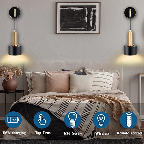 Miniatura 3 de BIMEAN Battery Operated Wall Sconce Set of 2 Easy to Install Not Wires USB Rechargeable Battery with Remote Control Chandelier Dimmable Wall Lamp