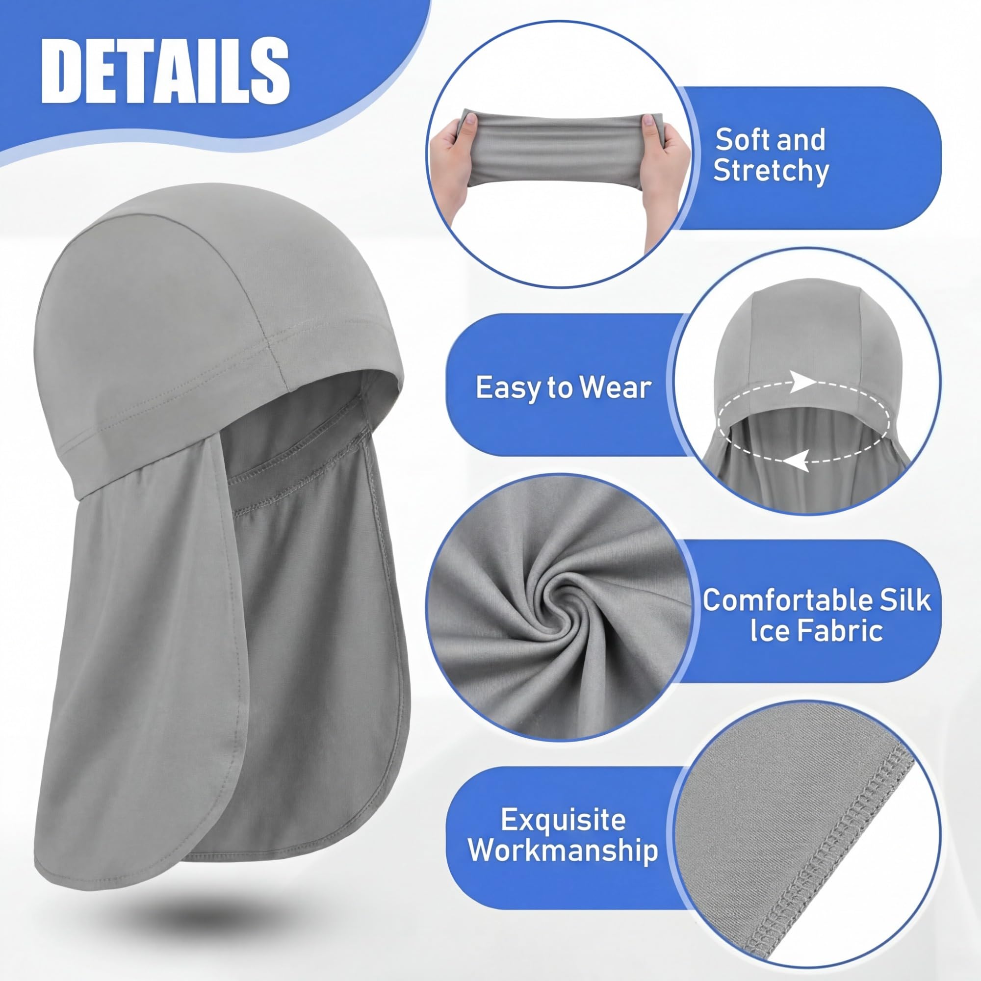 3 Pieces Helmet Liner with Neck Mask, Cooling Skull Cap Sweat Wicking Cap with Tail Sun Cycling Running Neck Protection Hat