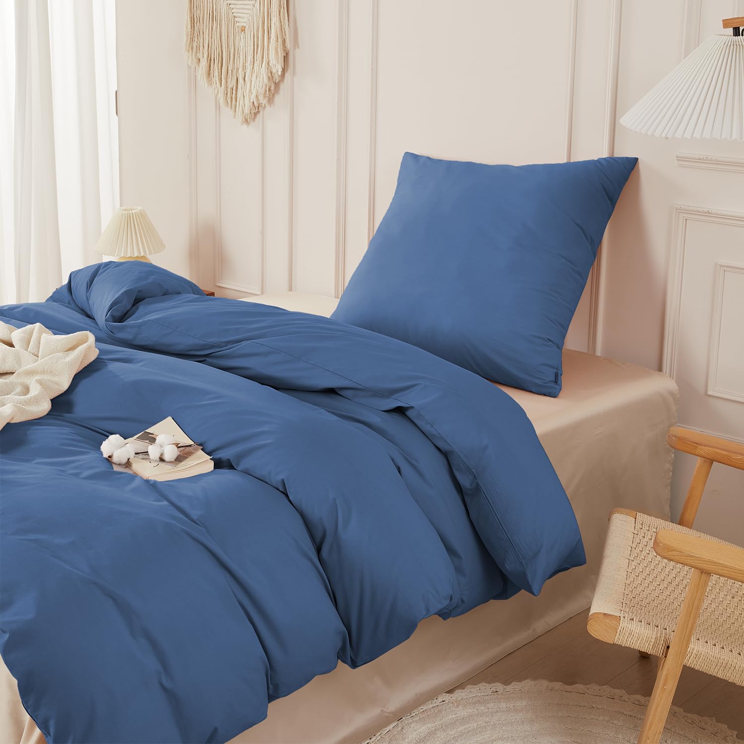 Parure de lit 100% coton bleu marine 135x200 effet lin délavé chic