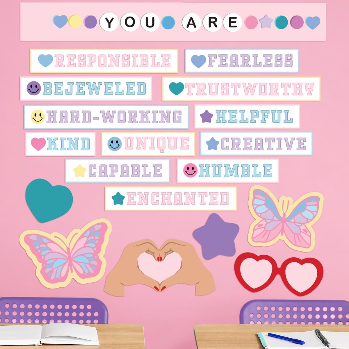 xo, Fetti Classroom Affirmations Station Set, 20 Pieces | Bulletin Board Decorations, Boho Pastel School Social Emotional Chart, Friendship Bracelet Teacher Supplies