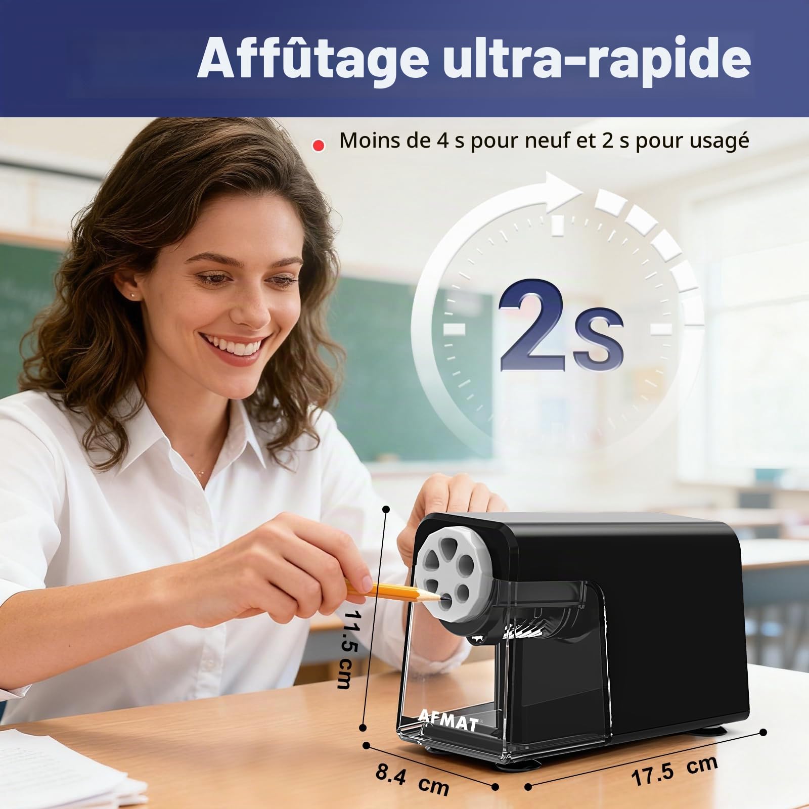 AFMAT Taille-crayon électrique 6 trous avec récipient, arrêt automatique et stockage de crayons - Taille-crayon électrique rechargeable pour 6 à 11 mm N° 2/grand/crayons de couleur, 10 000 tailles