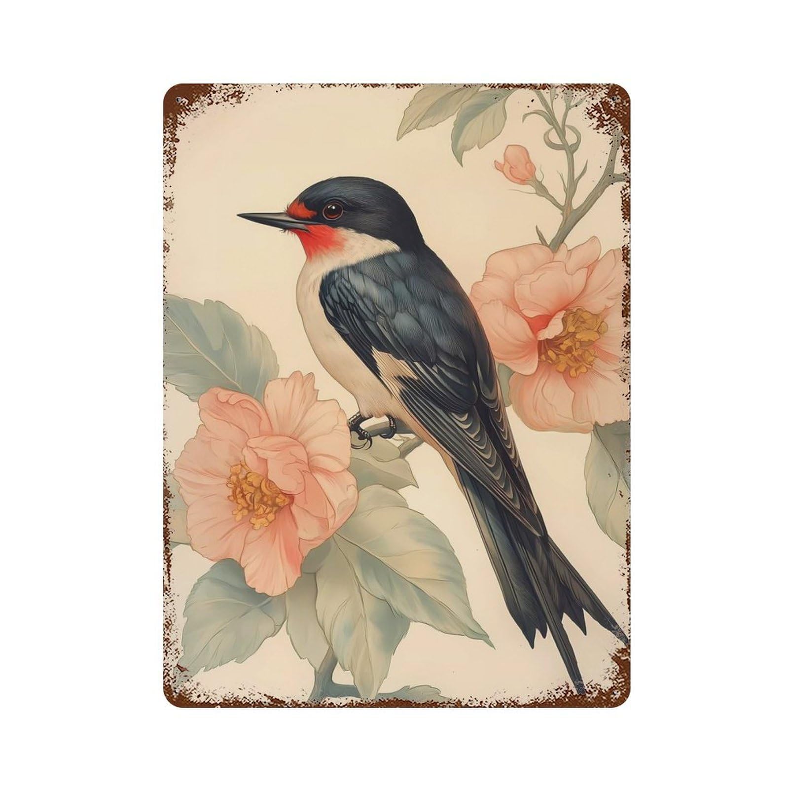 Garage Style Swallow Bird And Flowers - Art Nouveau Rusty Metal Tin Sign 15.7"x11.8", Farmhouse Wall Decor for Bar And Workshop