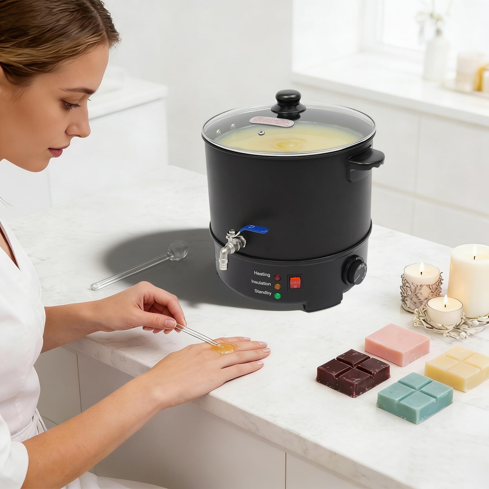 Lumivew Scaldacera da 1000 W, in acciaio inox, per la produzione di candele, con rubinetto in rame, intervallo di temperatura 50-100 °C, adatto per cera di soia, cera d'api, cera di paraffina (10 l)