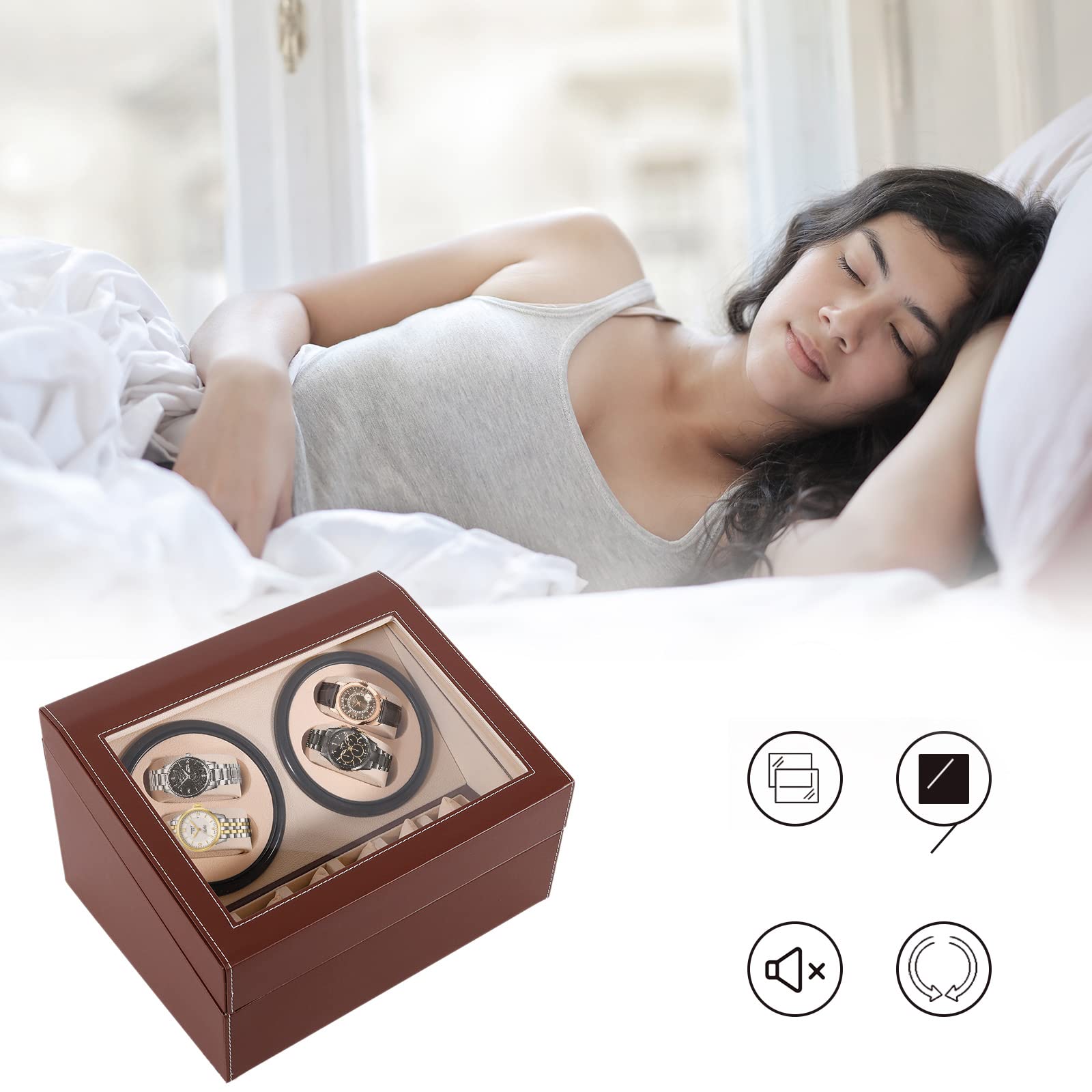 Futchoy Rotomat do zegarków automatyczny rotomat 4 + 6 pudełko na zegarki Watch Winder do zegarków automatycznych, brązowy