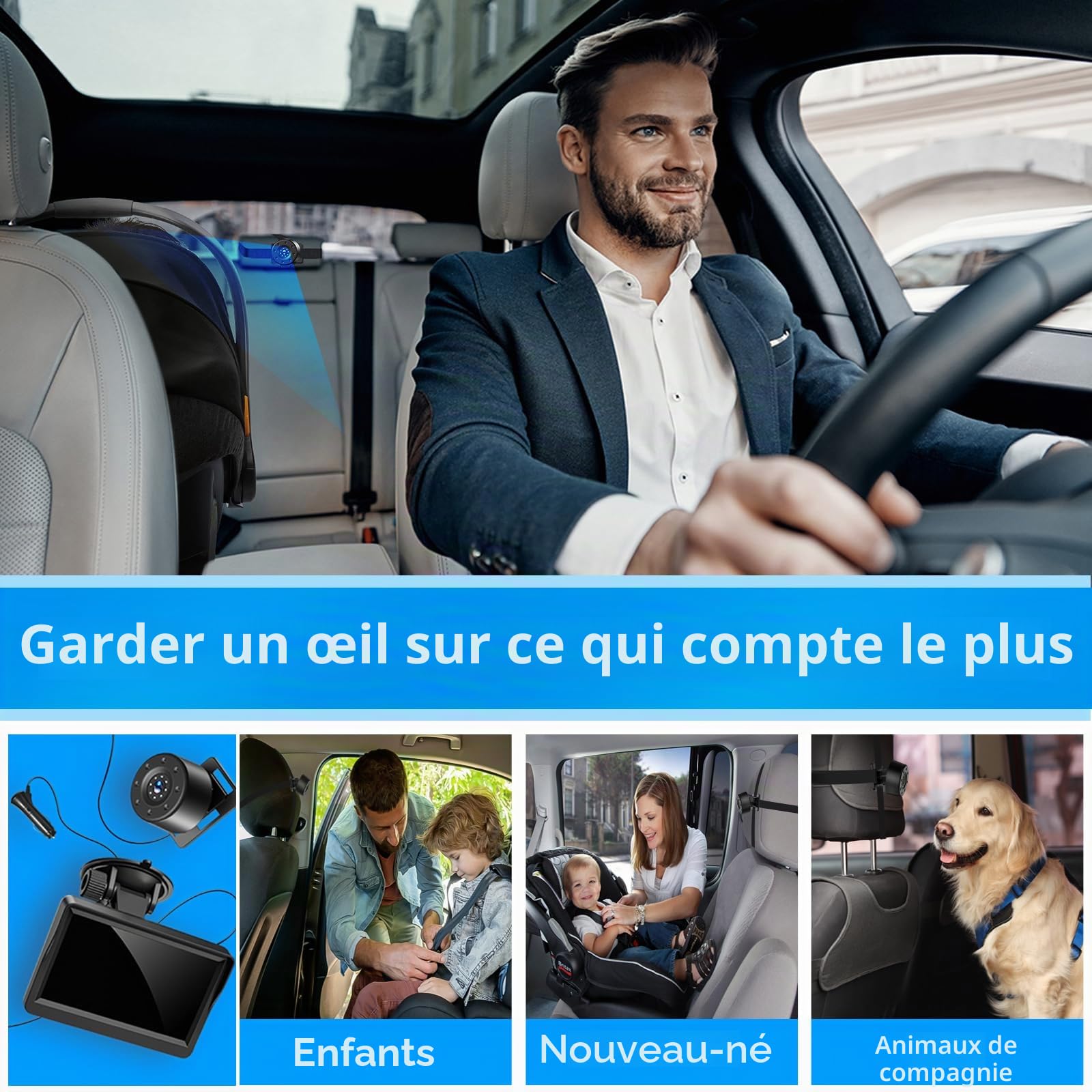 Caméra de Voiture pour bébé, 4,3" HD IR Vision Nocturne avec Vision Large de 178 °, écran IPS Moniteur arrière pour Les fants, Les Enfants, Les Tout-Petits et Les Nouveaux Parents