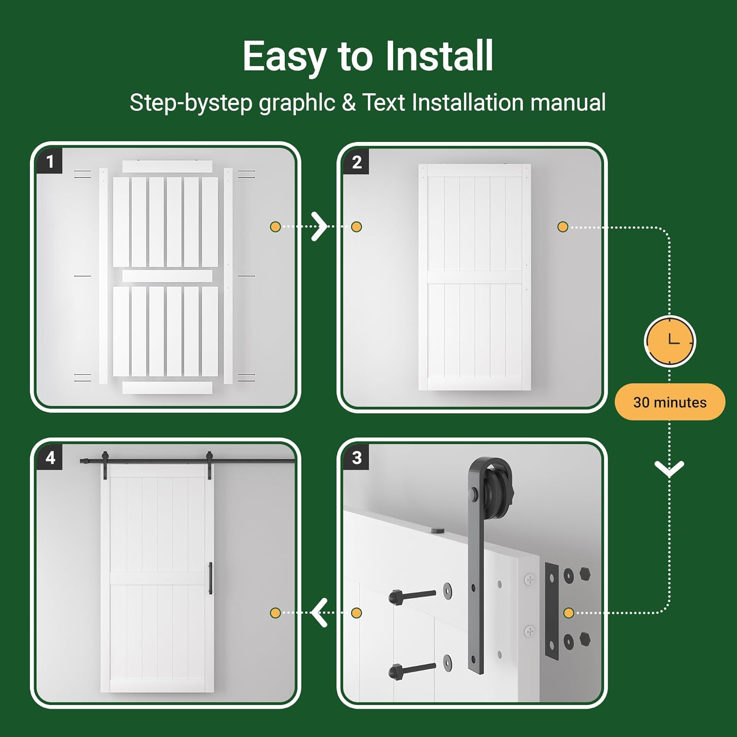 50 in x 84 in White Sliding Barn Door with 9FT Hardware Kit, Floor Guide and Handle Included, Waterproof PVC Surface, Pre-Drilled Holes Easy Assembly, H-Frame White