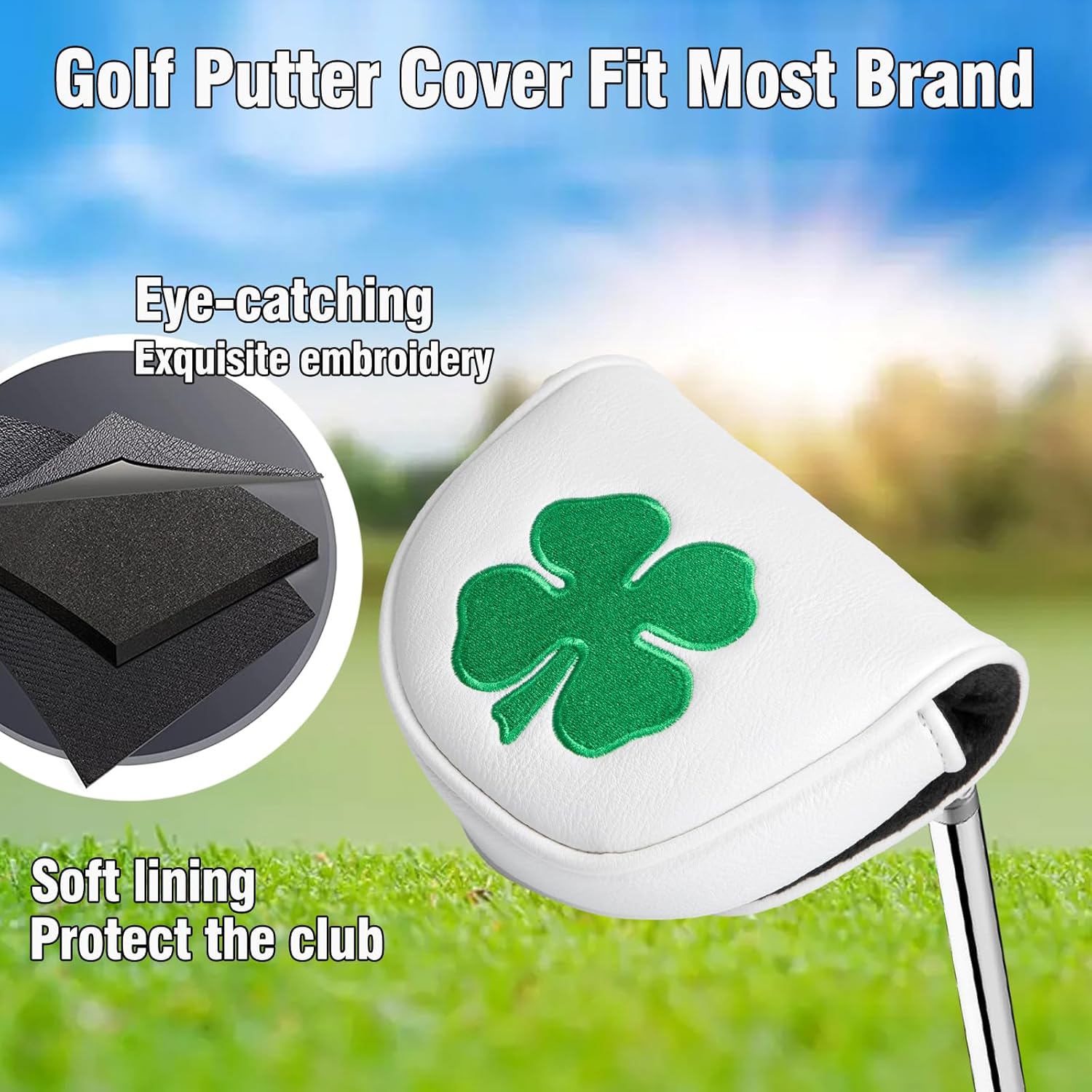 Montela Golf Club Covers Lucky Clover Golf Driver Covers Fairway Wood Head Cover Hybrid Headcover Leather 3 Wood Headcovers Mallet Putter Head Covers for Most Brands