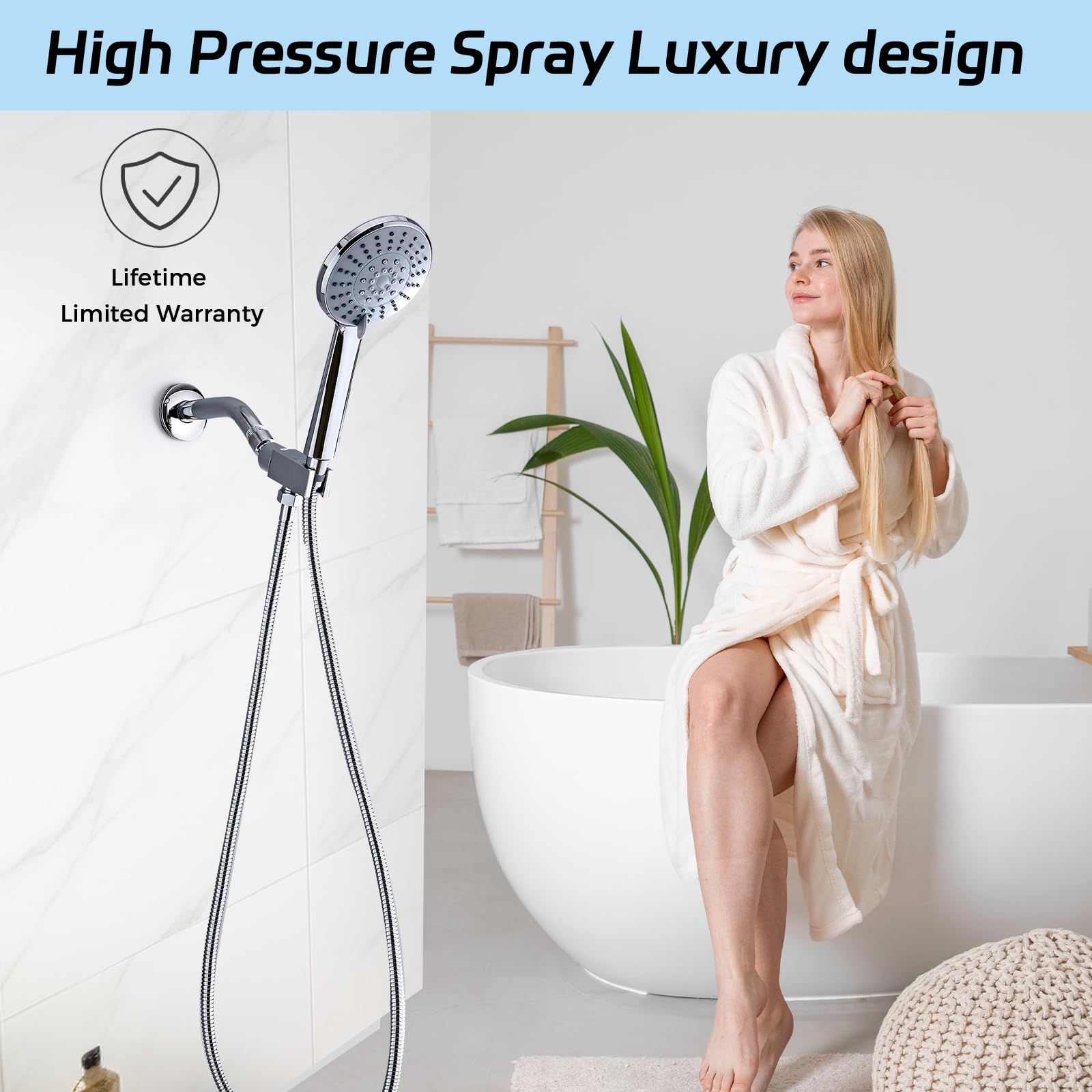 Cabezal de ducha de mano de alta presión de 5 ajustes con boquillas antiobstrucciones, juego de cabezal de ducha desmontable cromado de 5.1 pulgadas, manguera de acero inoxidable de 59 pulgadas y