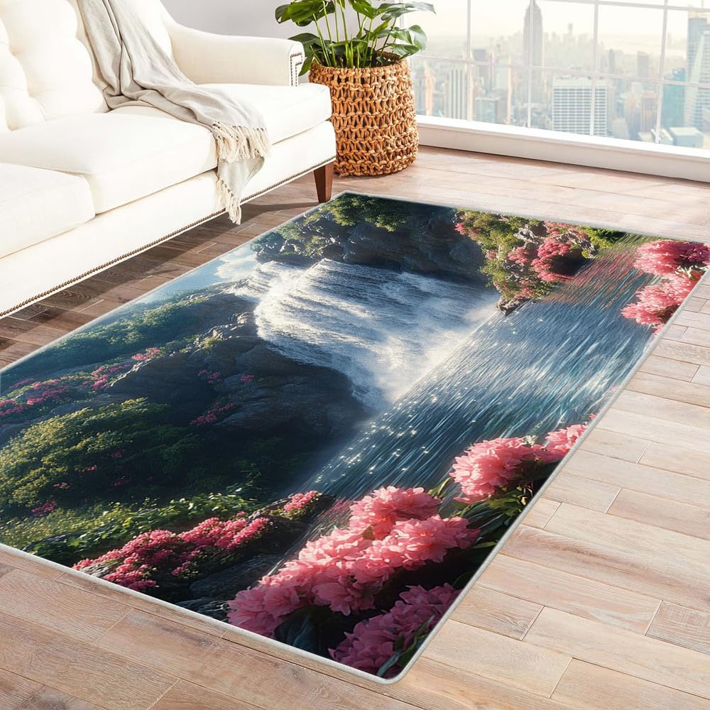 Tapis de salon antidérapant et lavable aux cascades 3D, parfait pour sécuriser la chambre ado
