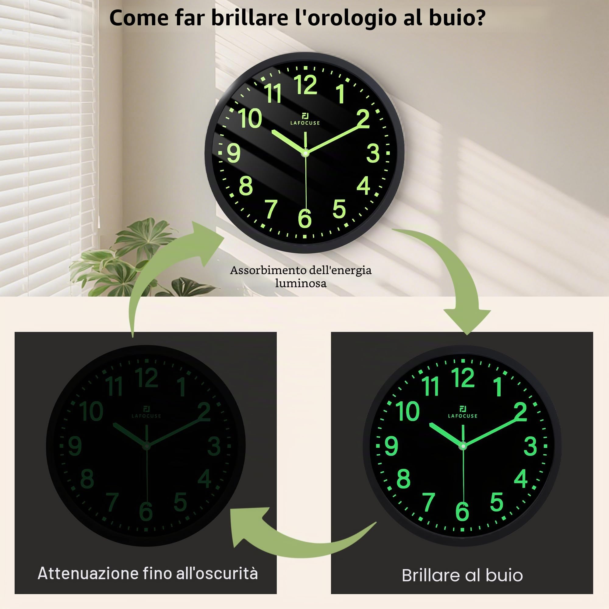 Lafocuse 30cm Orologio da Parete Luminoso Silenzioso senza Ticchettio, Orologio da Muro Fluorescente Moderno Decorativo per Soggiorno Camera da Letto Cucina Ufficio, Nero