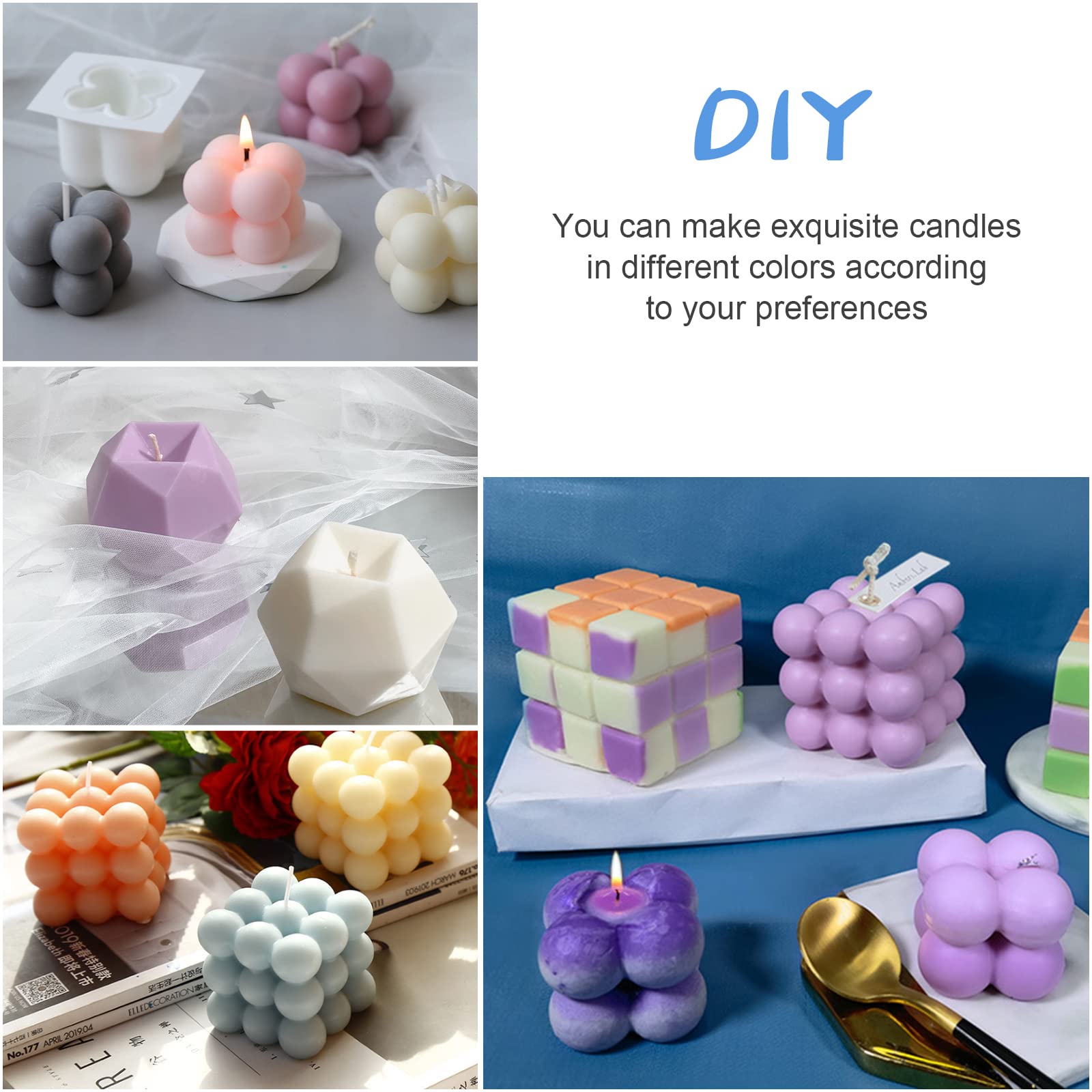 Lot 4 Moules Silicone 3D Bougies Bulles & Cube – Anti-adhésif Pour Bougies, Savons, Chocolats