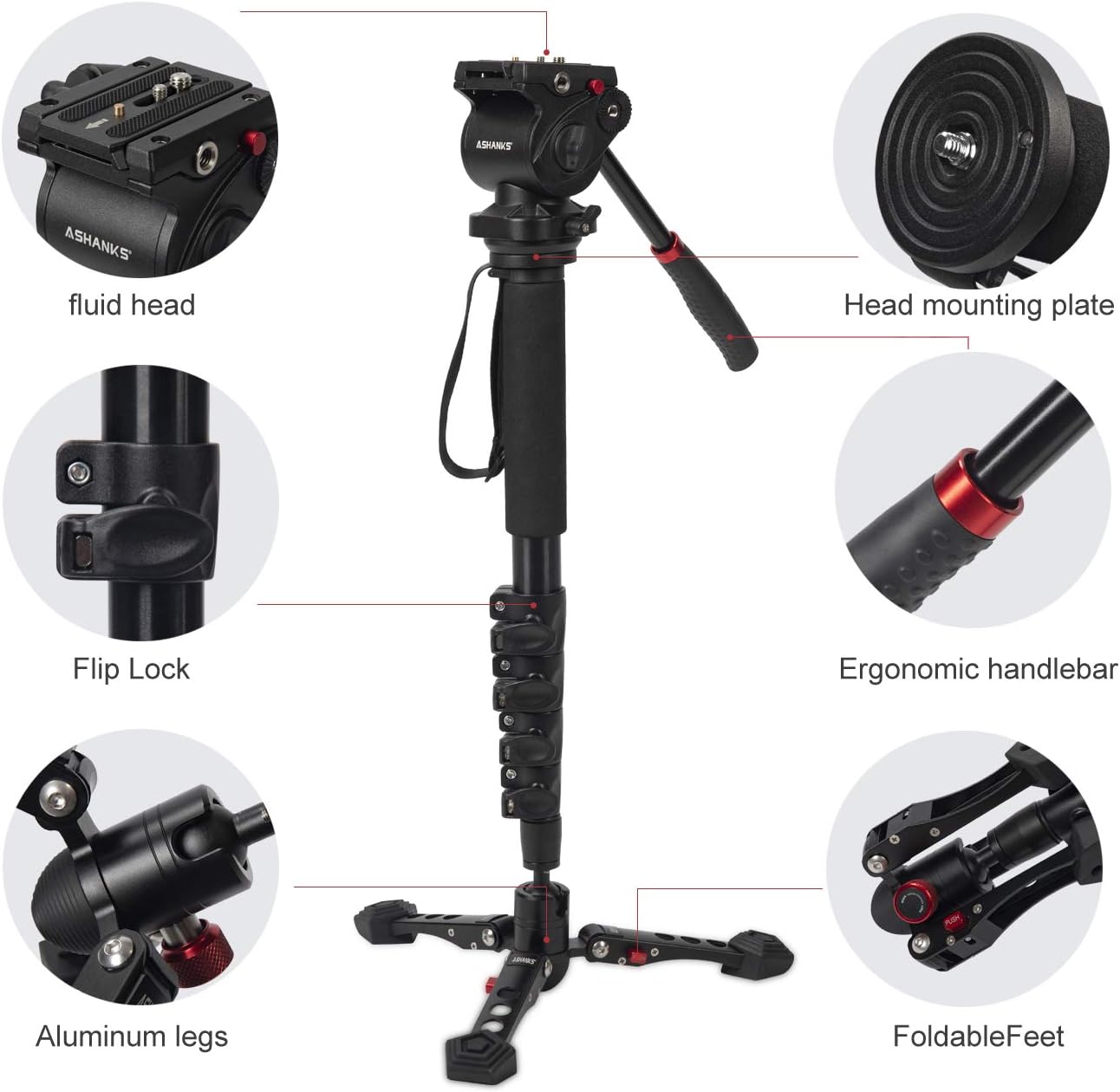 Tор Rаtеd Professional Monopod for Cameras, ASHANKS Video Monopods with Tripod Base, 360° Pan Tilt Fluid Head, QR Plate, Aluminum Telescopic Lightweight Uninopod for Canon Nikon Sony DSLR, Max 65’’ & Load 11lbs