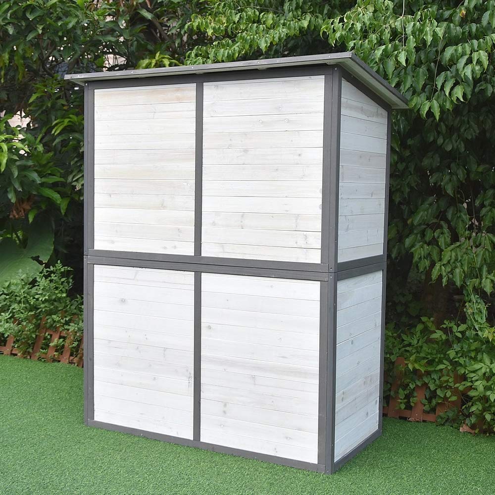 Melko Gartenschrank Gerätehaus Holz mit Pultdach 162x140x75 cm inkl. Regal | Zweiflügeltür mit Schiebeverriegelung, vorbehandeltes Fichtenholz, Weiß-Grau, Platz für Rasenmäher und Gartengeräte