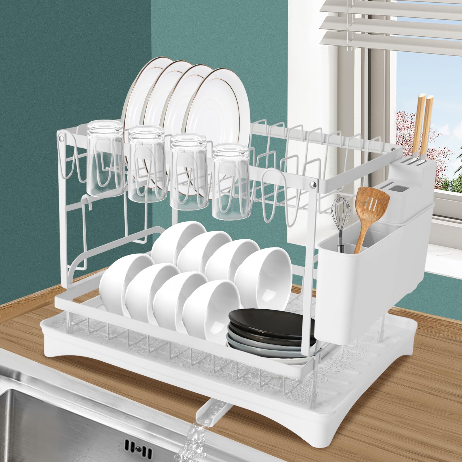 Escurreplatos de acero inoxidable, escurridor de platos, bandeja de goteo de 2 niveles, escurridor de platos para platos, tazas, tabla de cortar (blanco)