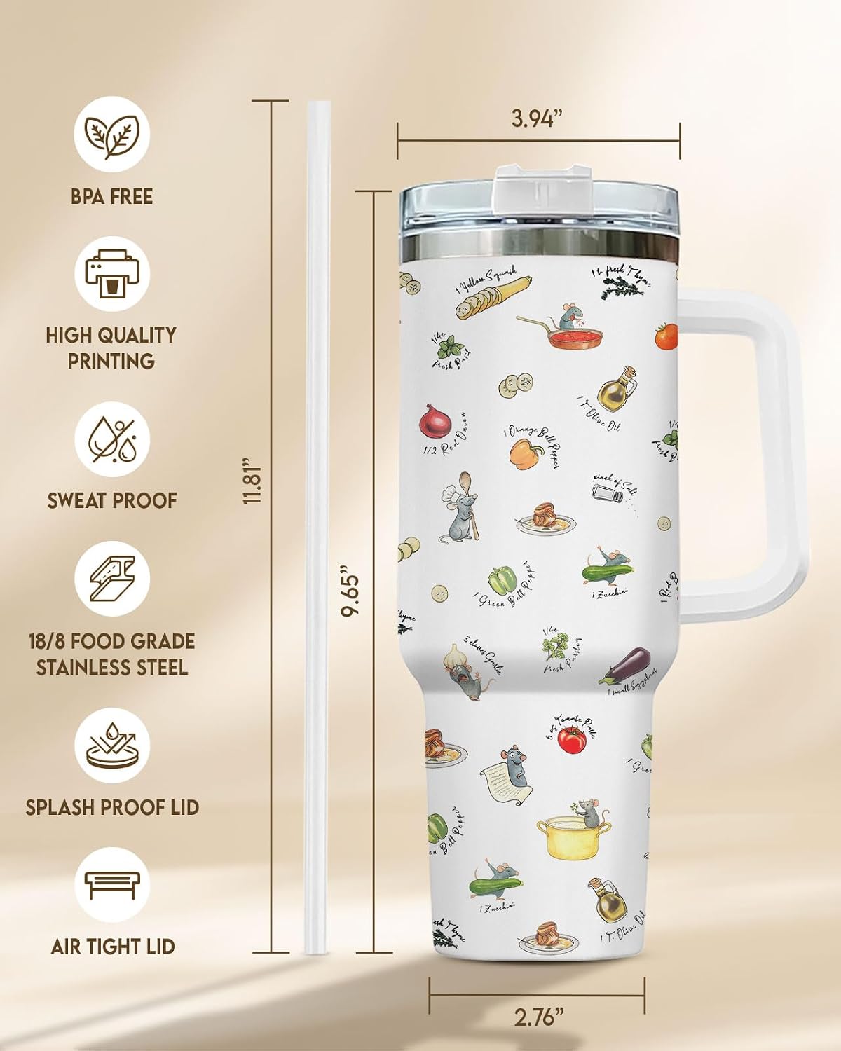 Chef Mouse Cooking Tumbler 40oz With Handle And Straw, Insulated Stainless Steel Travel Cup, Cute Culinary Water Bottle For Daily Use, Birthday Gift For Food Lovers image 2