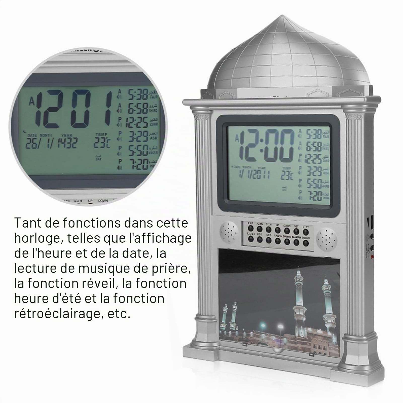 Horloge Plastique Réveil Numérique avec Écran LCD pour Prière Nimaz