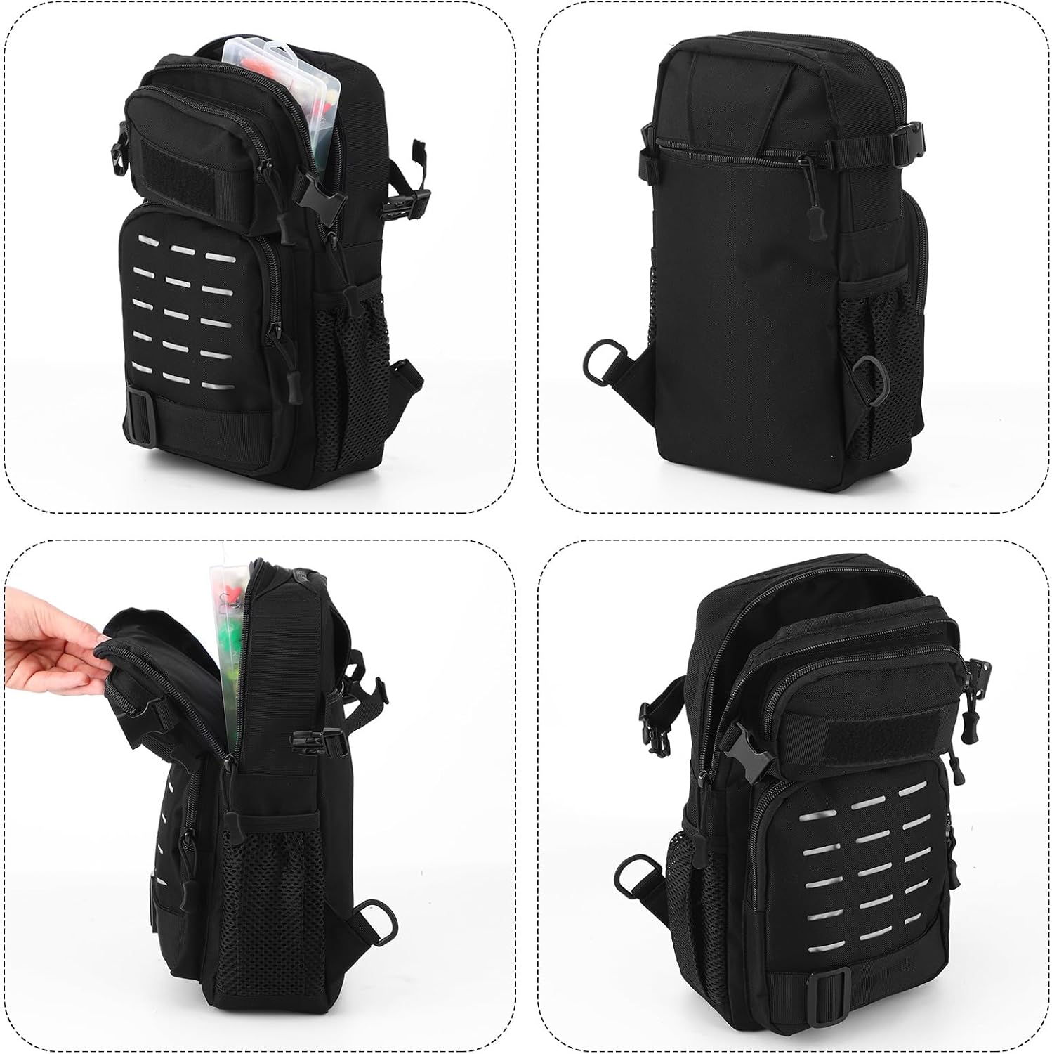 134 Pcs Black Sling Backpack Fishing Kit - All-in-one Tackle Set, Lures, Pliers, Lip Gripper, Scale Fishing Gear and Equipment for Men Adults