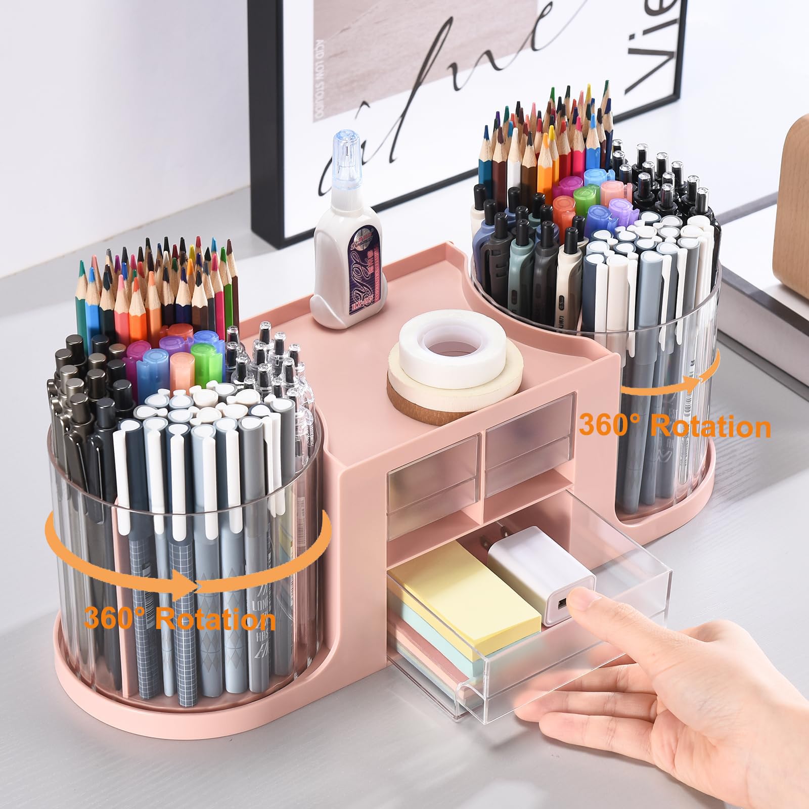 Organiseur de Bureau Rotatif à 360 Pot à Crayon Rotatif 14 Compartiments Porte Stylos de Bureau Faire Tourner Pot Crayon Rangement Stylo Pour Papeterie Maquillage L'artisanat (Rose)