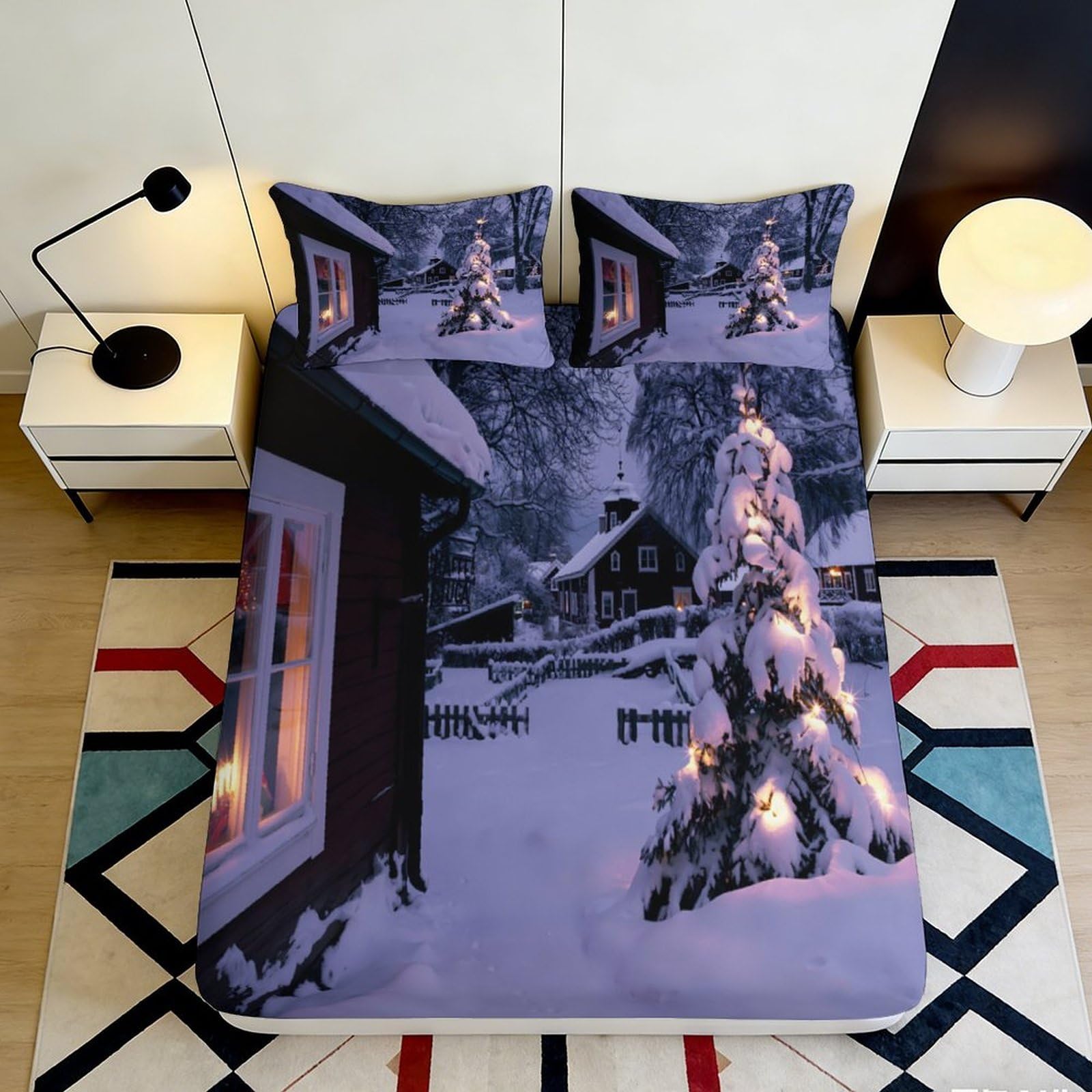 Pnayamiorkfel Style-8 3D Printed Snowy Village Fitted Sheet Microfiber Soft Winter Night Mattress Cover Decor For Bedroom Guest Room 90X200x25cm