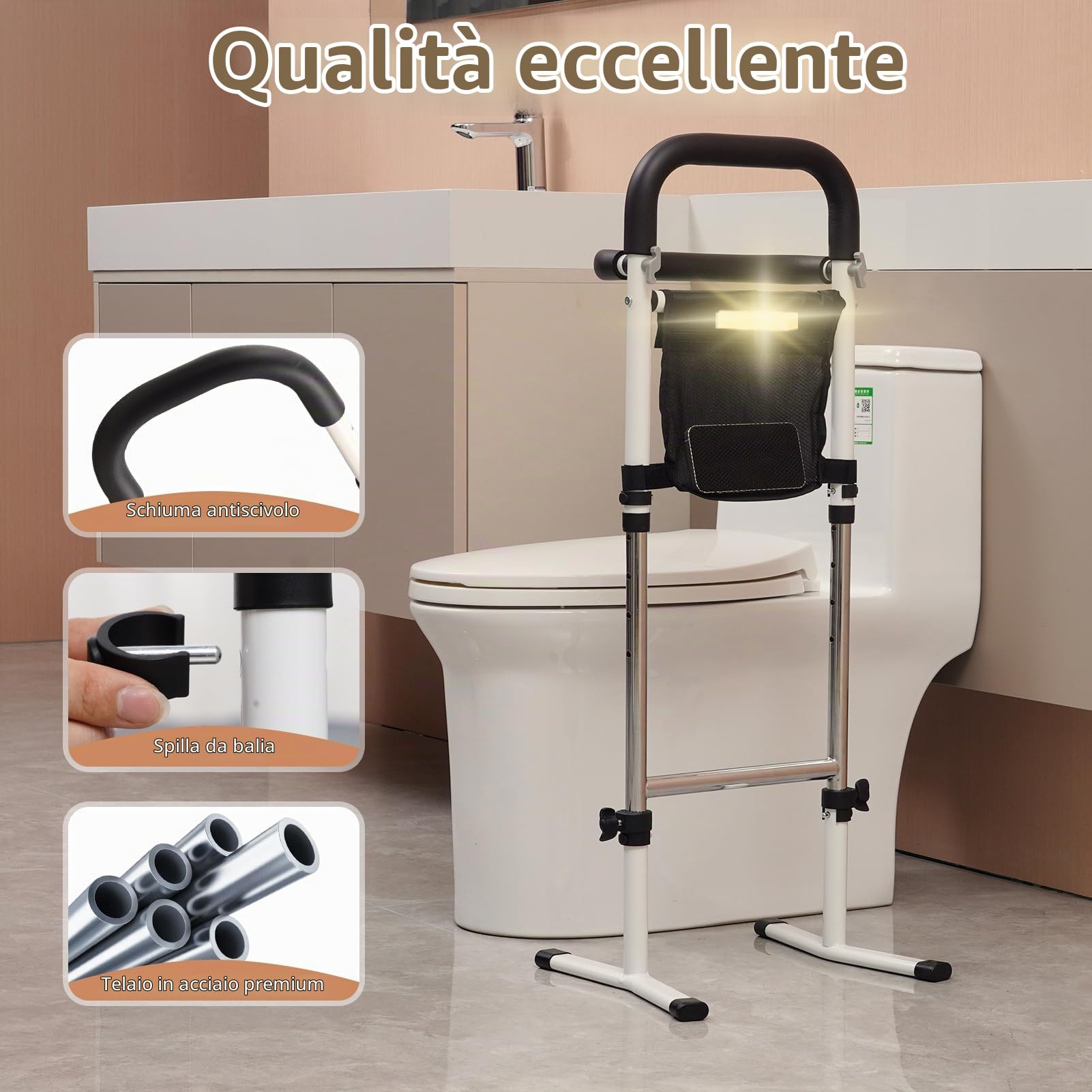 Ausilio per stare in piedi e seduti,ausilio stabile per stare in piedi per anziani,regolabile in 5 livelli con lampade e borsa portaoggetti,ausilio per la mobilità e la vita quotidiana,capacità 136 kg