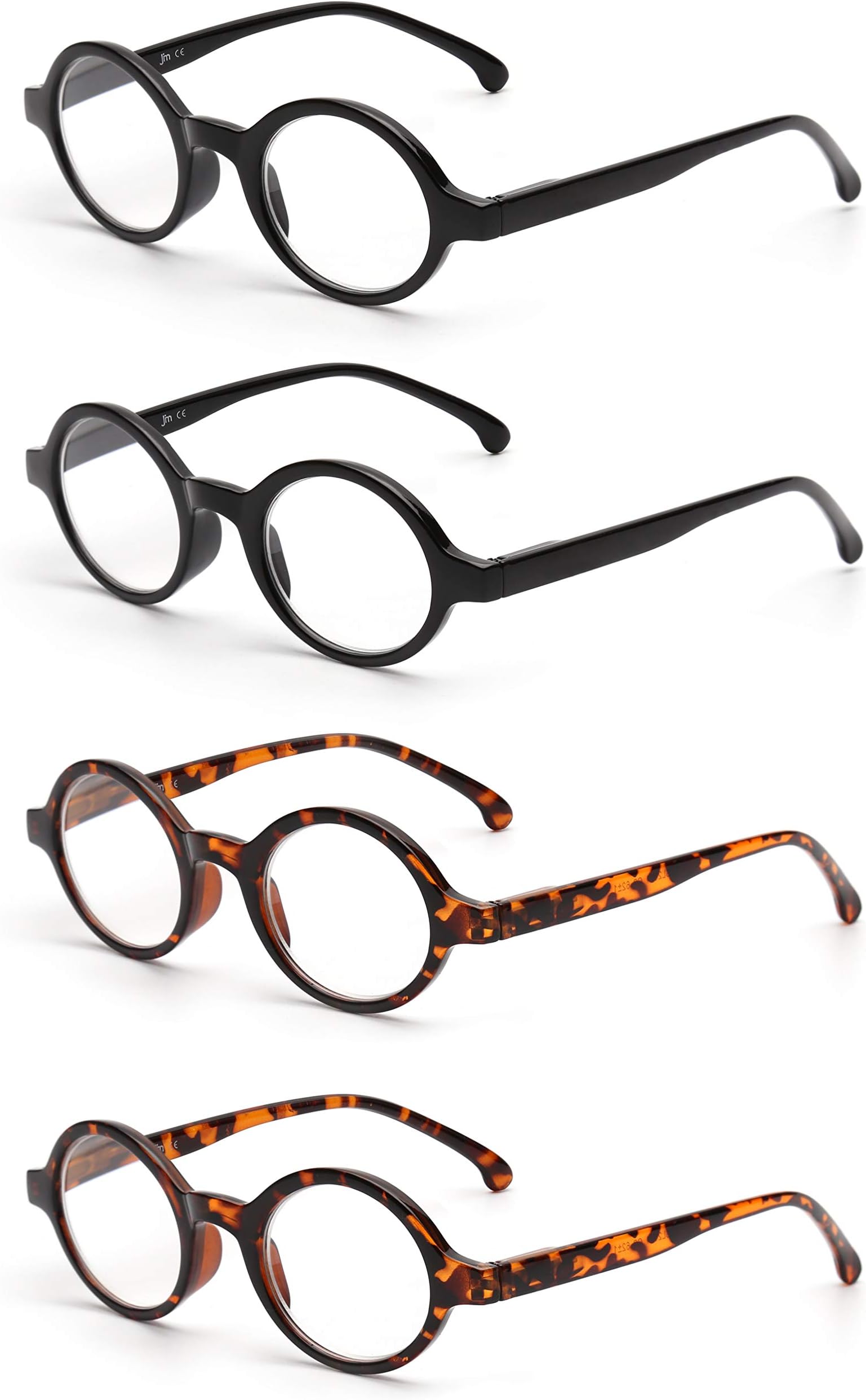 JM Set of 4 Retro Round Reading Glasses Spring Hinge Readers Men Women Glasses for Reading