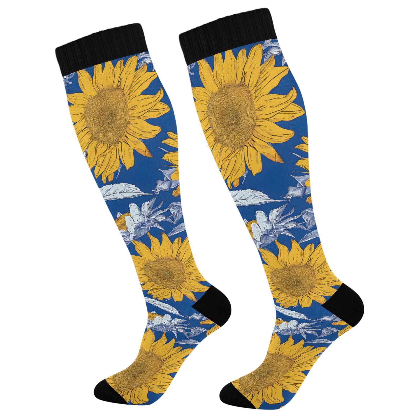 MFTJYO Sunflowers Retro Blue Boho Compression Socks for Women Men Circulation Long Knee High Socks for Athletic Sports Running