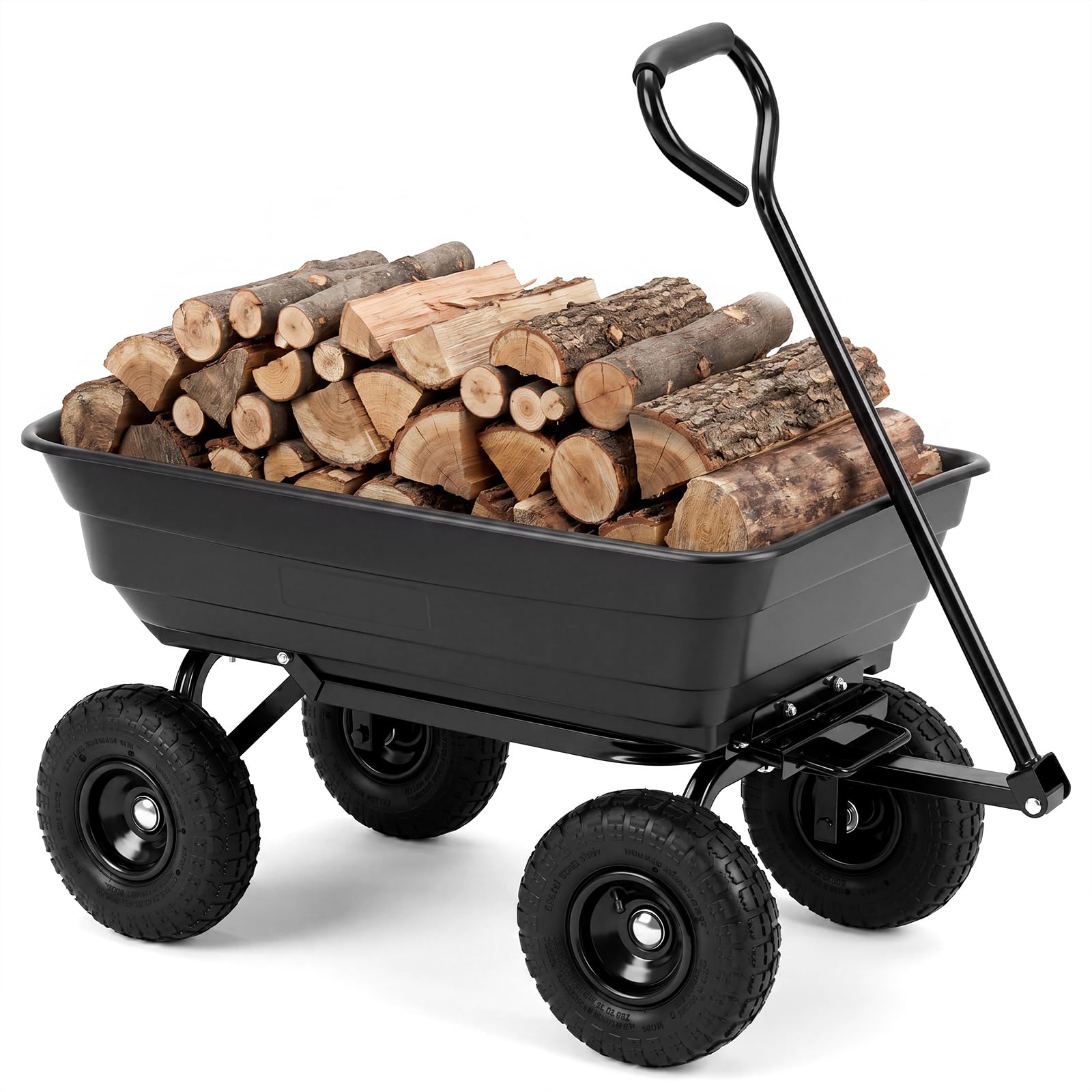 COSTWAY Carretilla de Jardín 75 L, Carro Volquete Basculante con Asa Ajustable, 4 Ruedas Todoterreno y Estructura Metálica, Carrito de Transporte Exterior para Césped Patio Camping, Capacidad 300 kg