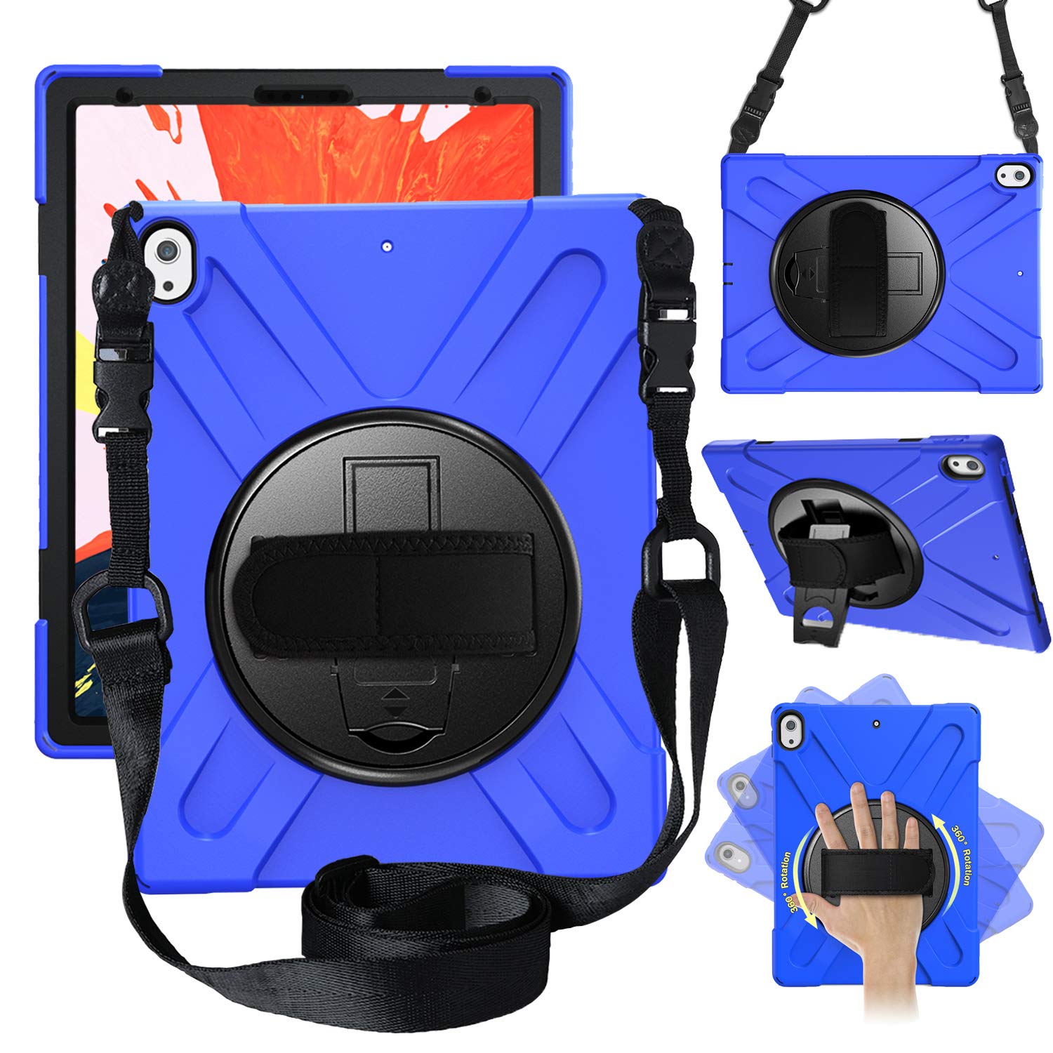 iPad Pro 12.9 Case 2018, Heavy Duty Shockproof Protective Case with 360 Degree Rotating Kickstand/Adjustable Hand Strap and Carrying Shoulder Strap for iPad Pro 12.9 2018 3rd Gen (Blue)